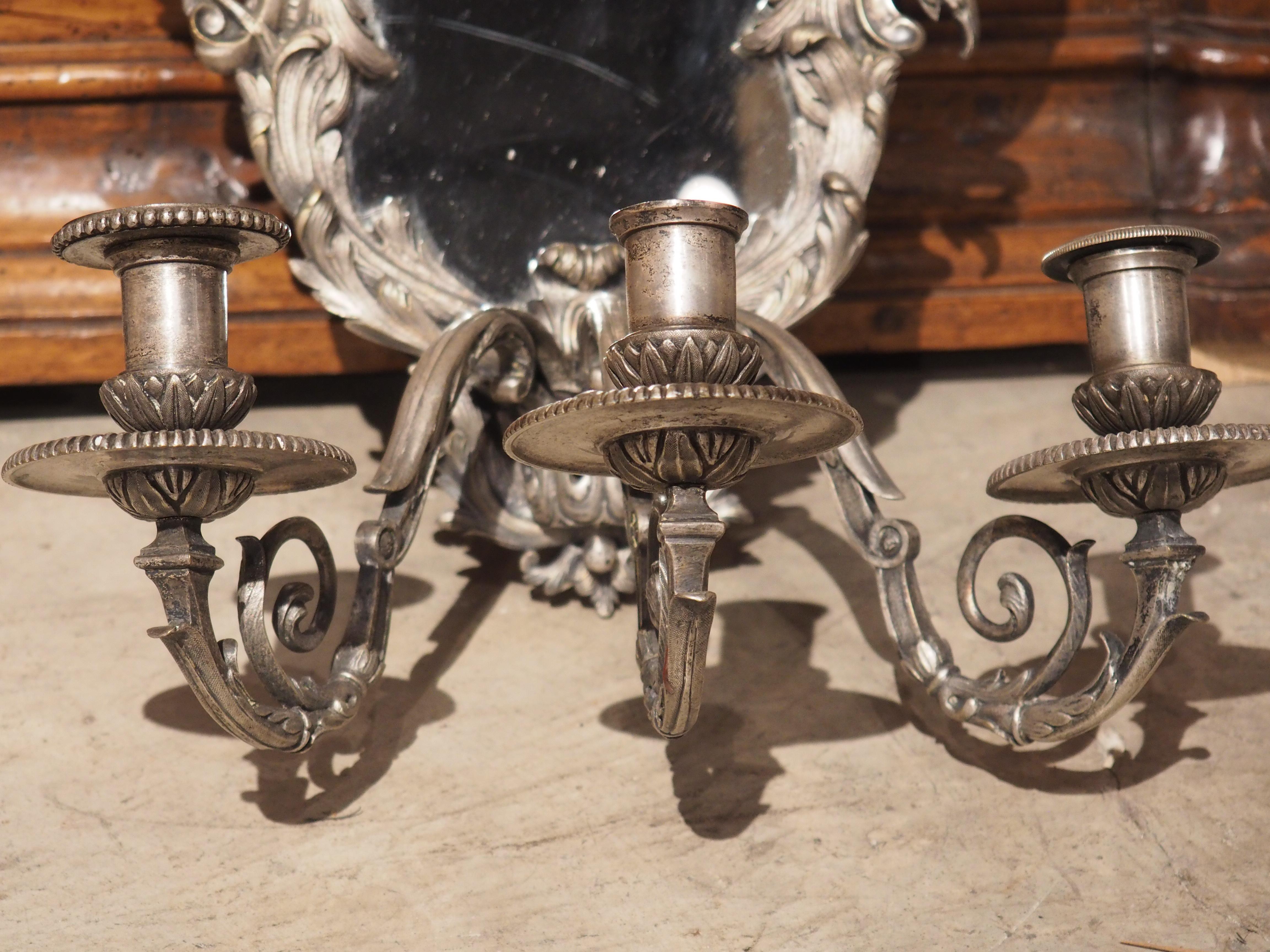 Pair of circa 1850 Régence Style Silvered Bronze Mirrored Sconces from France For Sale 1