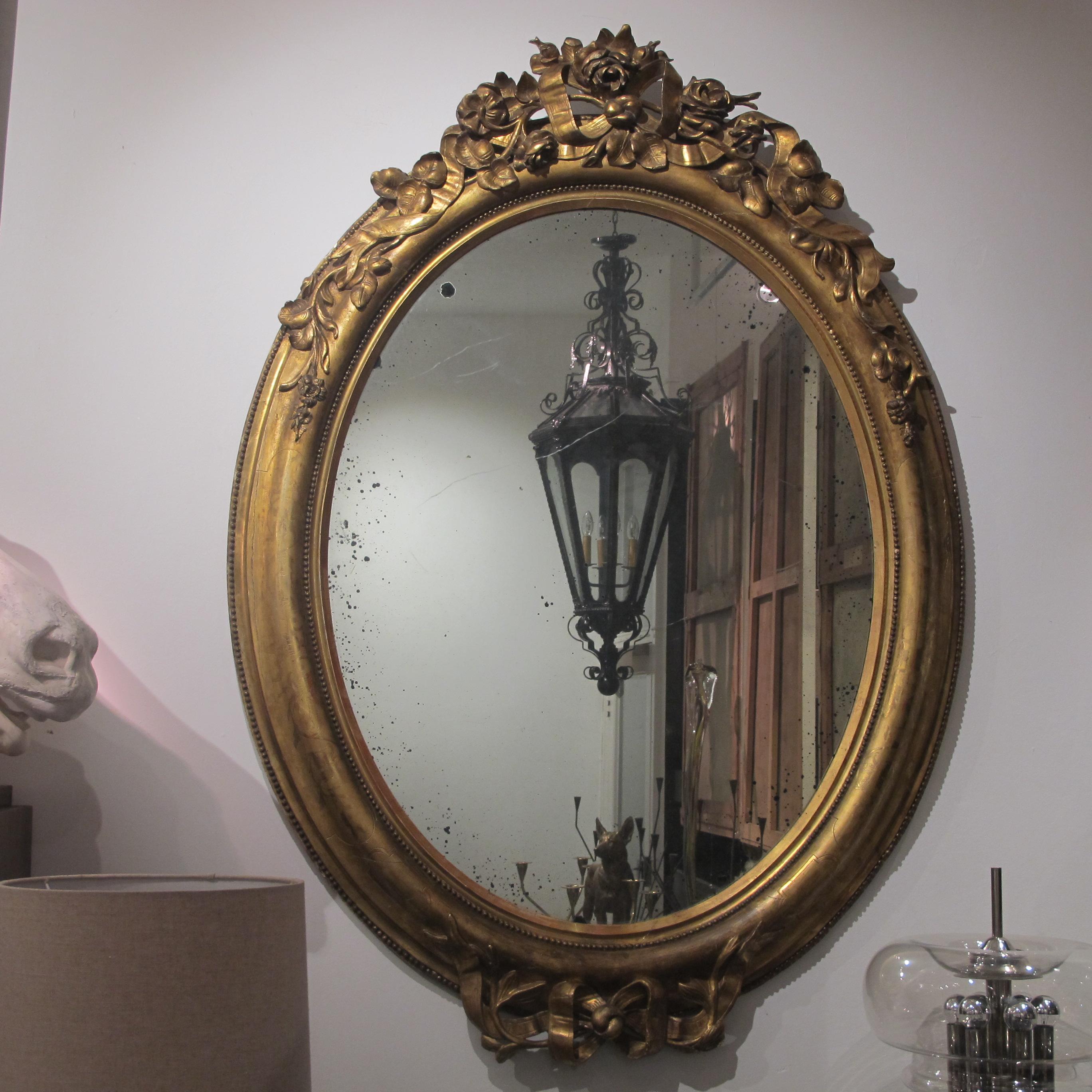 Pair of circa 1860 Large French Napoleon III Large Carved Gilt Oval Mirrors 1