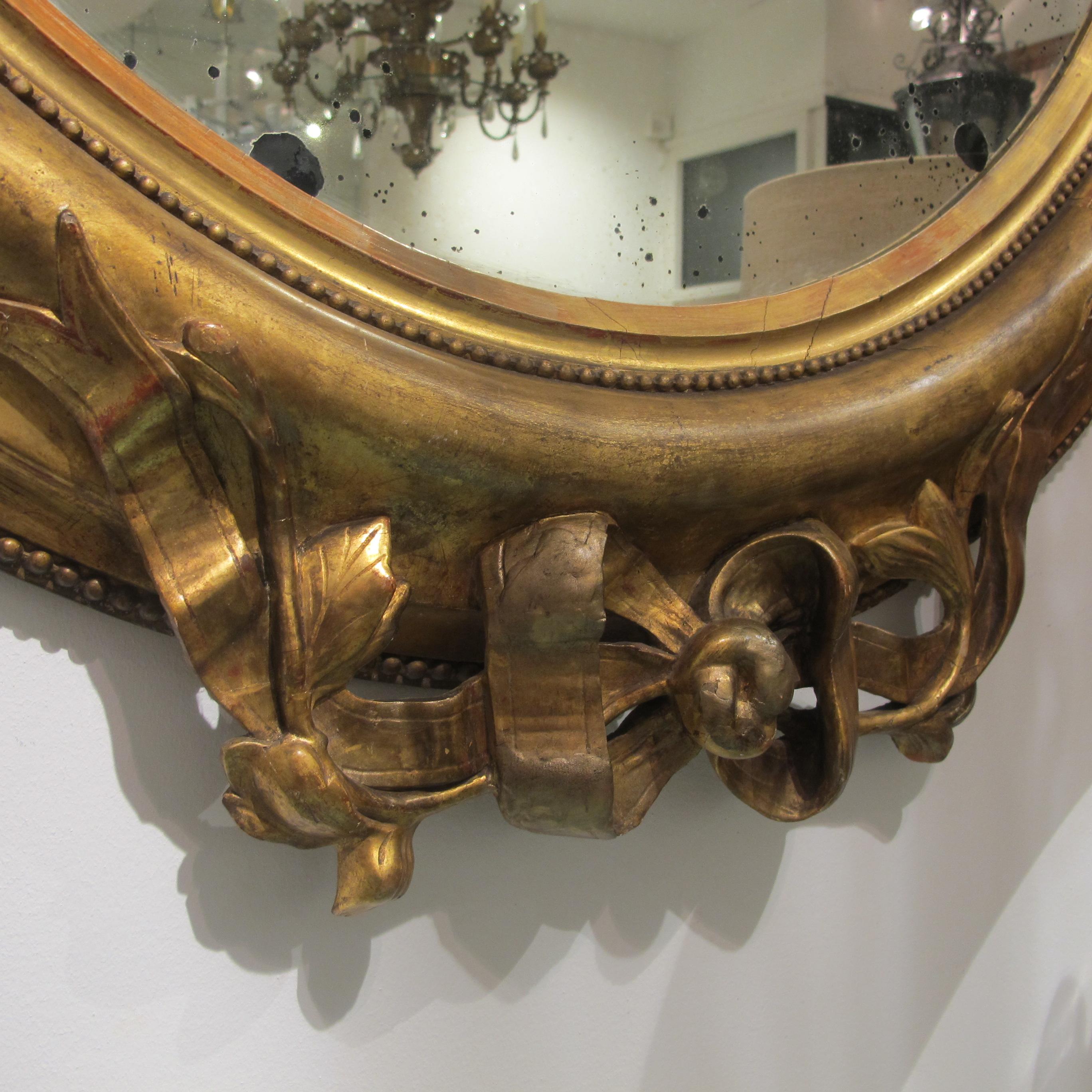 Pair of circa 1860 Large French Napoleon III Large Carved Gilt Oval Mirrors 4