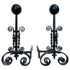 Pair of circa 1880-1910 Wrought Iron Scrolled Andirons with Ball Finials