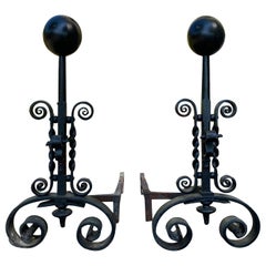 Pair of circa 1880-1910 Wrought Iron Scrolled Andirons with Ball Finials Pair of circa 1880-1910 Wrought Iron Scrolled Andirons with Ball Finials