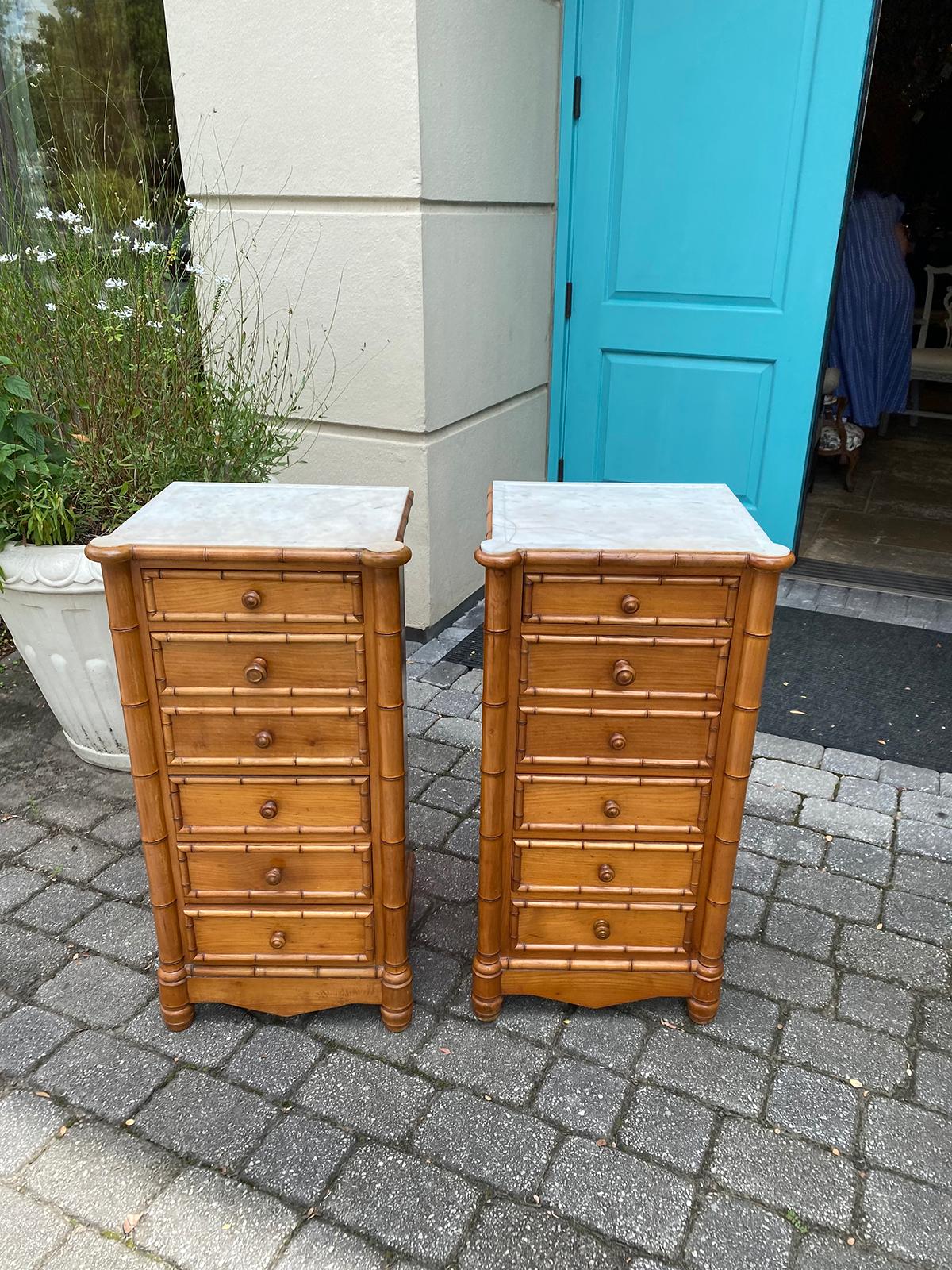 Pair of Circa 1880 French Faux Bamboo Bedside Commodes with Inset Marble Tops 14