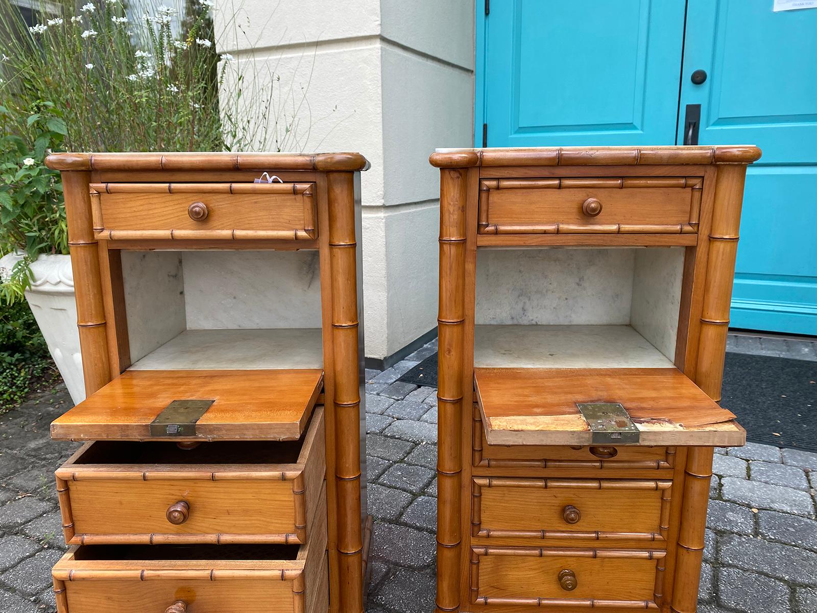 Pair of Circa 1880 French Faux Bamboo Bedside Commodes with Inset Marble Tops In Good Condition In Atlanta, GA