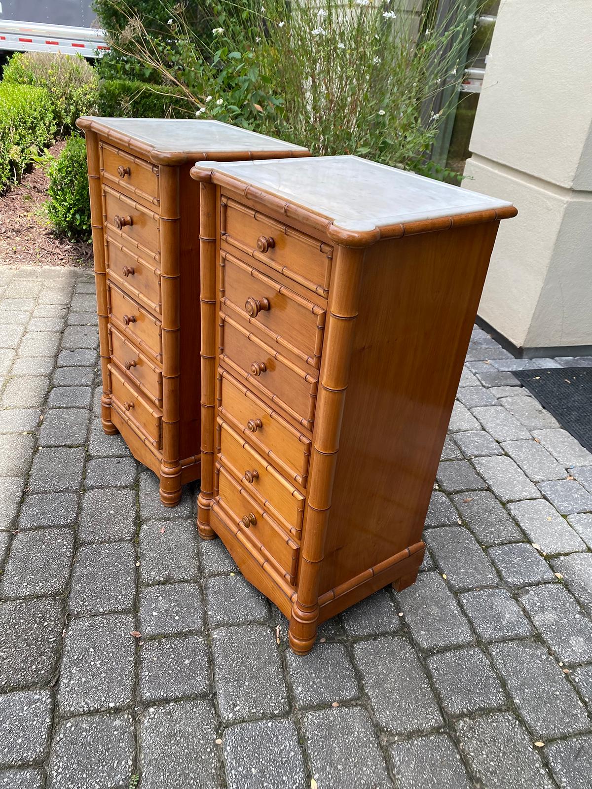 Late 19th Century Pair of Circa 1880 French Faux Bamboo Bedside Commodes with Inset Marble Tops
