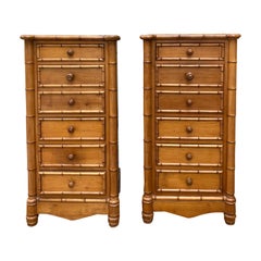 Pair of Circa 1880 French Faux Bamboo Bedside Commodes with Inset Marble Tops
