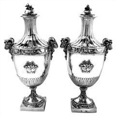 Circa 1880 Pair of German Sterling Silver Lidded Urns