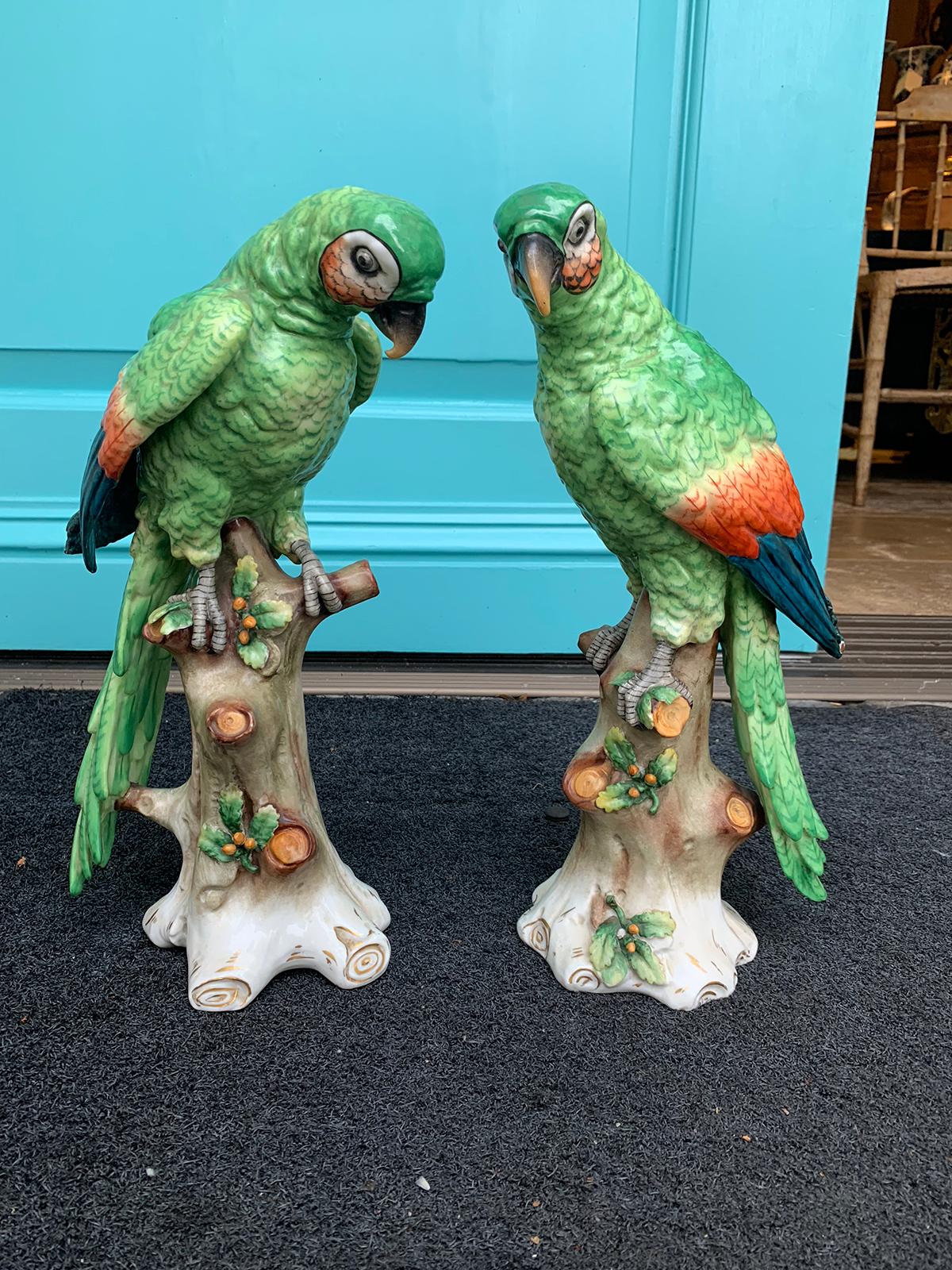 Pair of  Circa 1880s Edme Samson French Glazed Porcelain Parrots on Trunks In Good Condition In Atlanta, GA