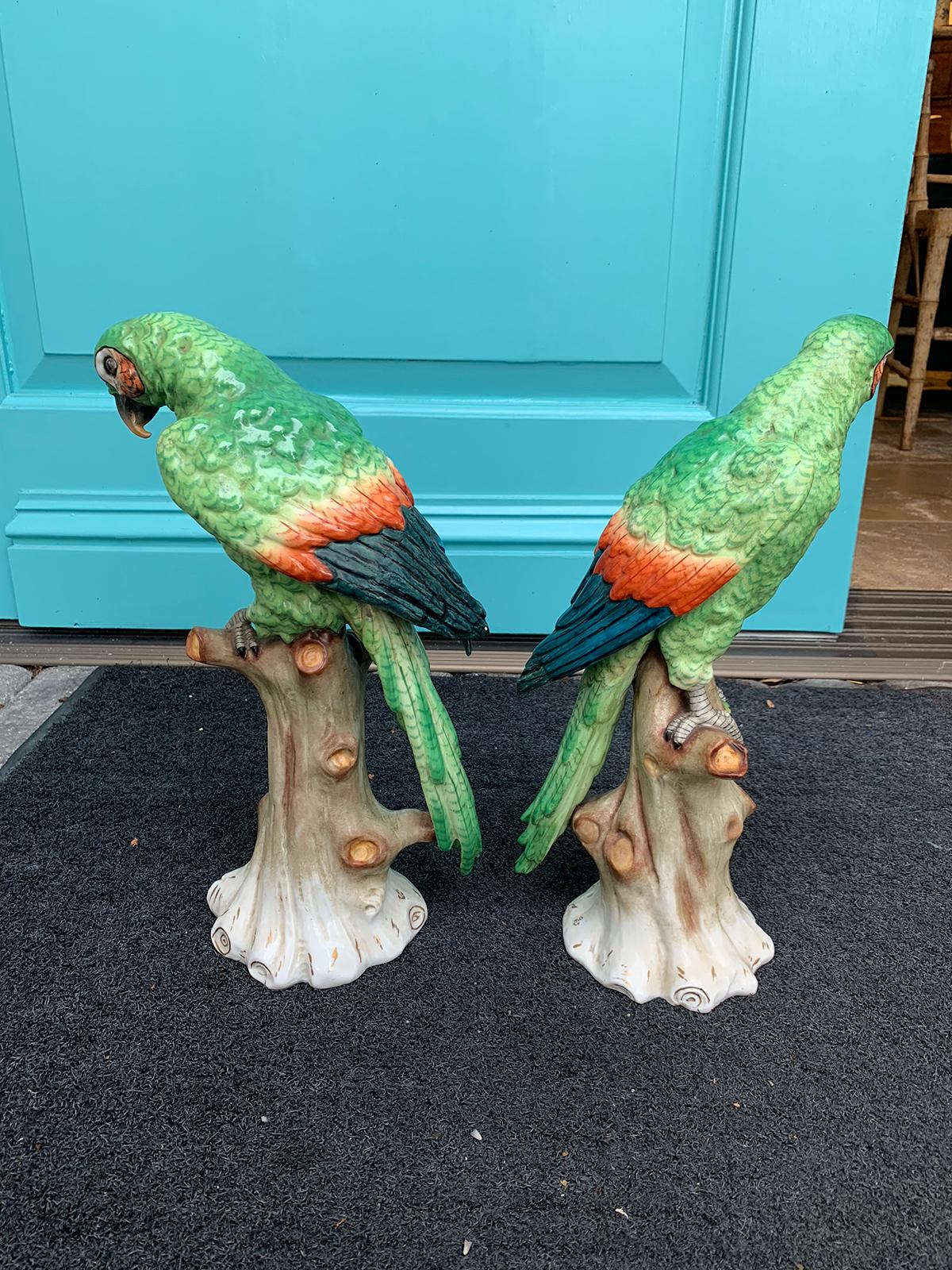 19th Century Pair of  Circa 1880s Edme Samson French Glazed Porcelain Parrots on Trunks