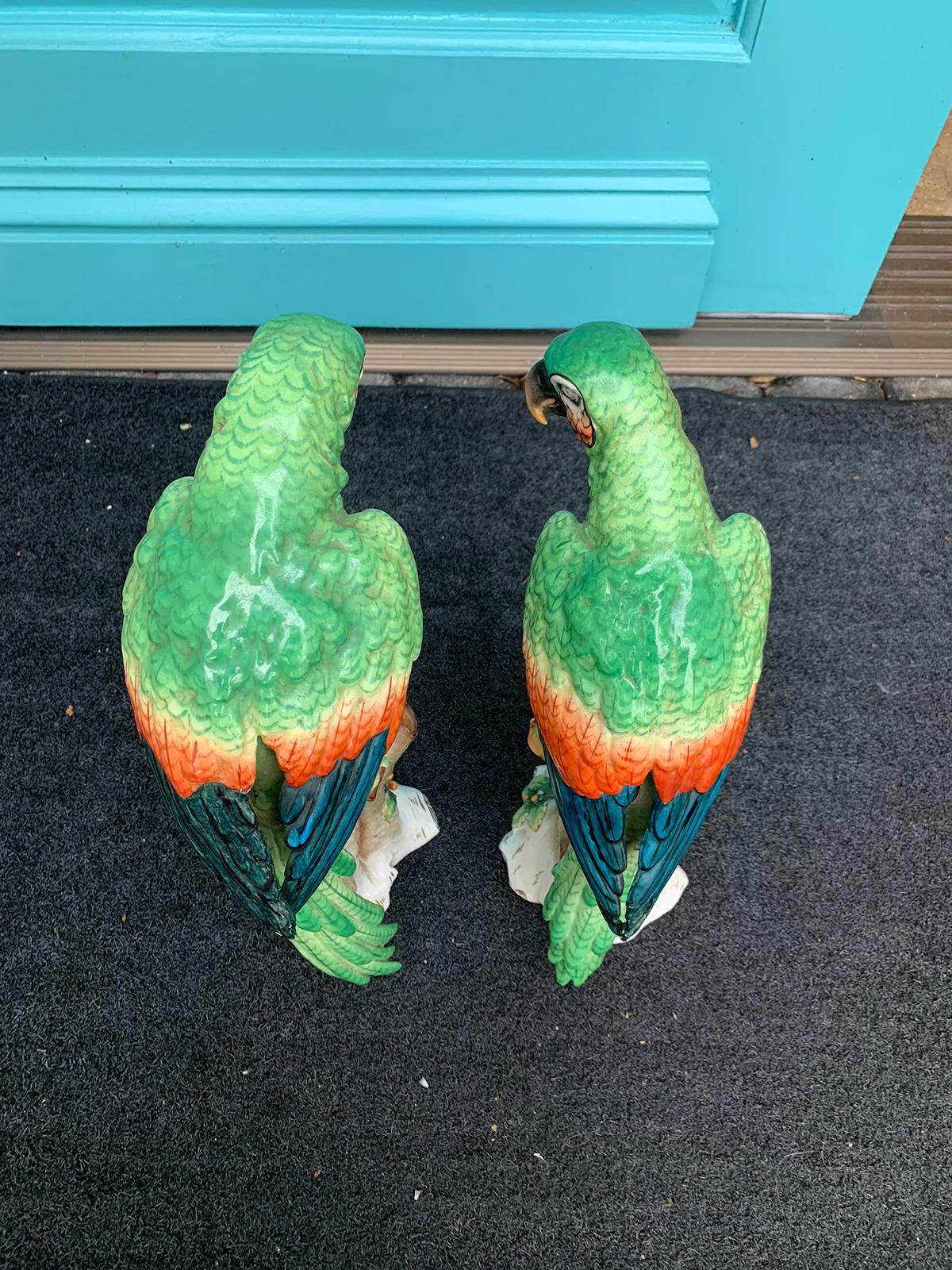 Pair of  Circa 1880s Edme Samson French Glazed Porcelain Parrots on Trunks 1