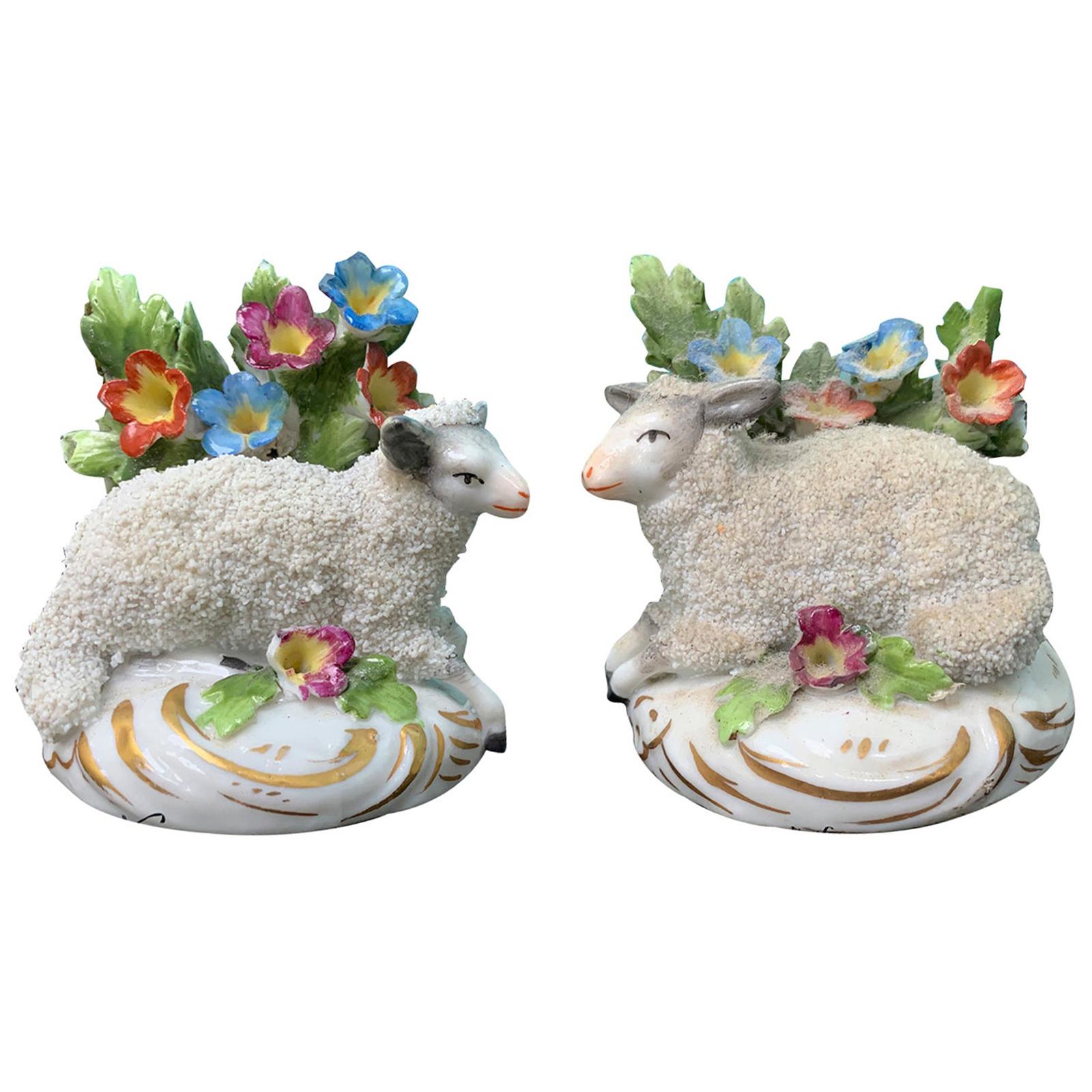 Pair of circa 1880s French Chelsea Style Porcelain Lambs by Edme Samson, Marked
