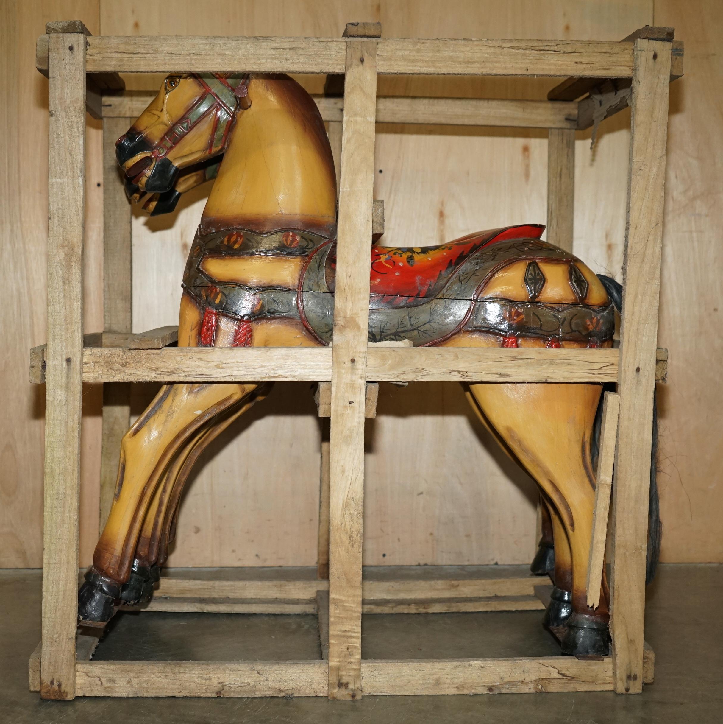 Wood PAIR OF CIRCA 1890 ORiGINAL PAINT NEW OLD STOCK CRATED FAIRGROUND RIDE HORSES For Sale