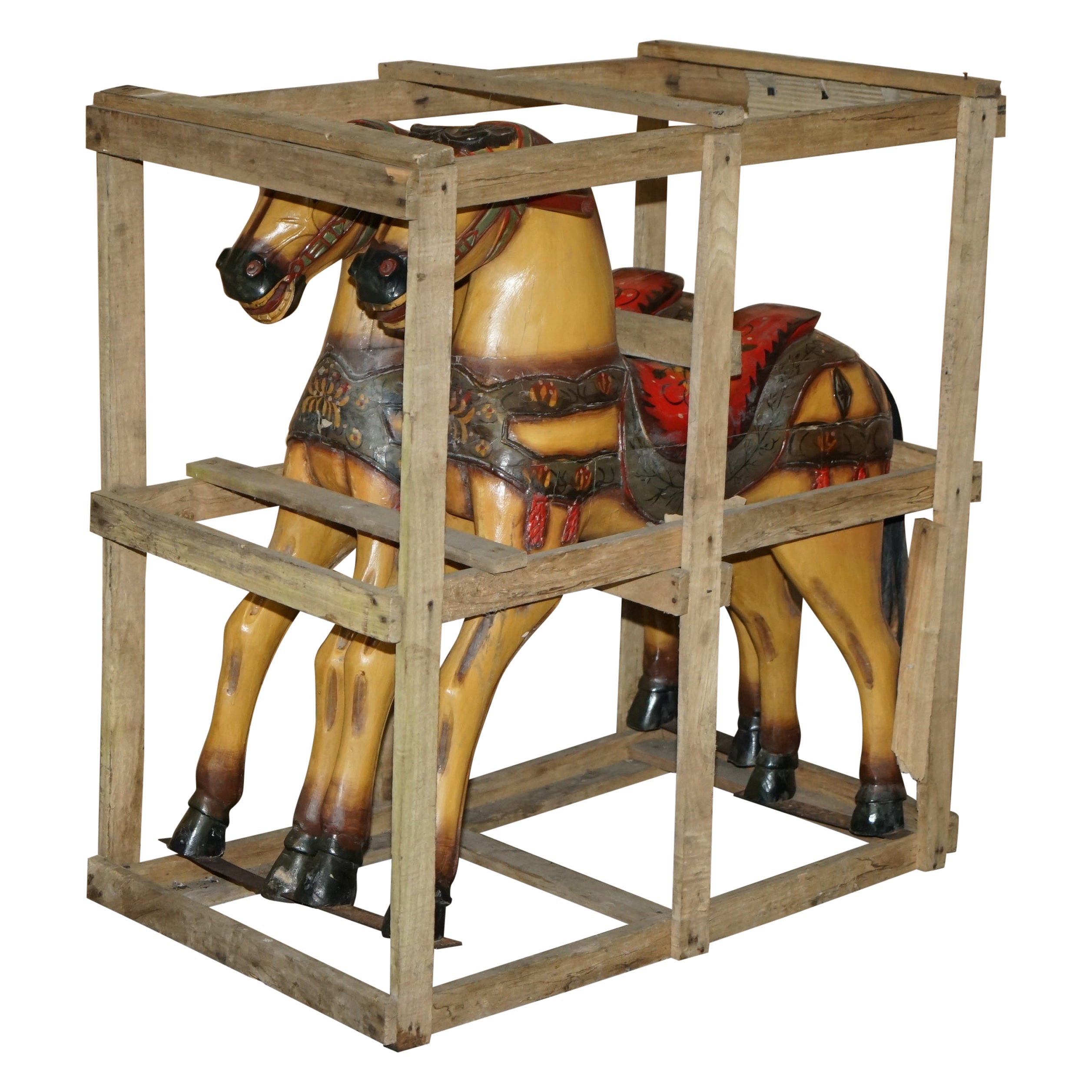 PAIR OF CIRCA 1890 ORiGINAL PAINT NEW OLD STOCK CRATED FAIRGROUND RIDE HORSES