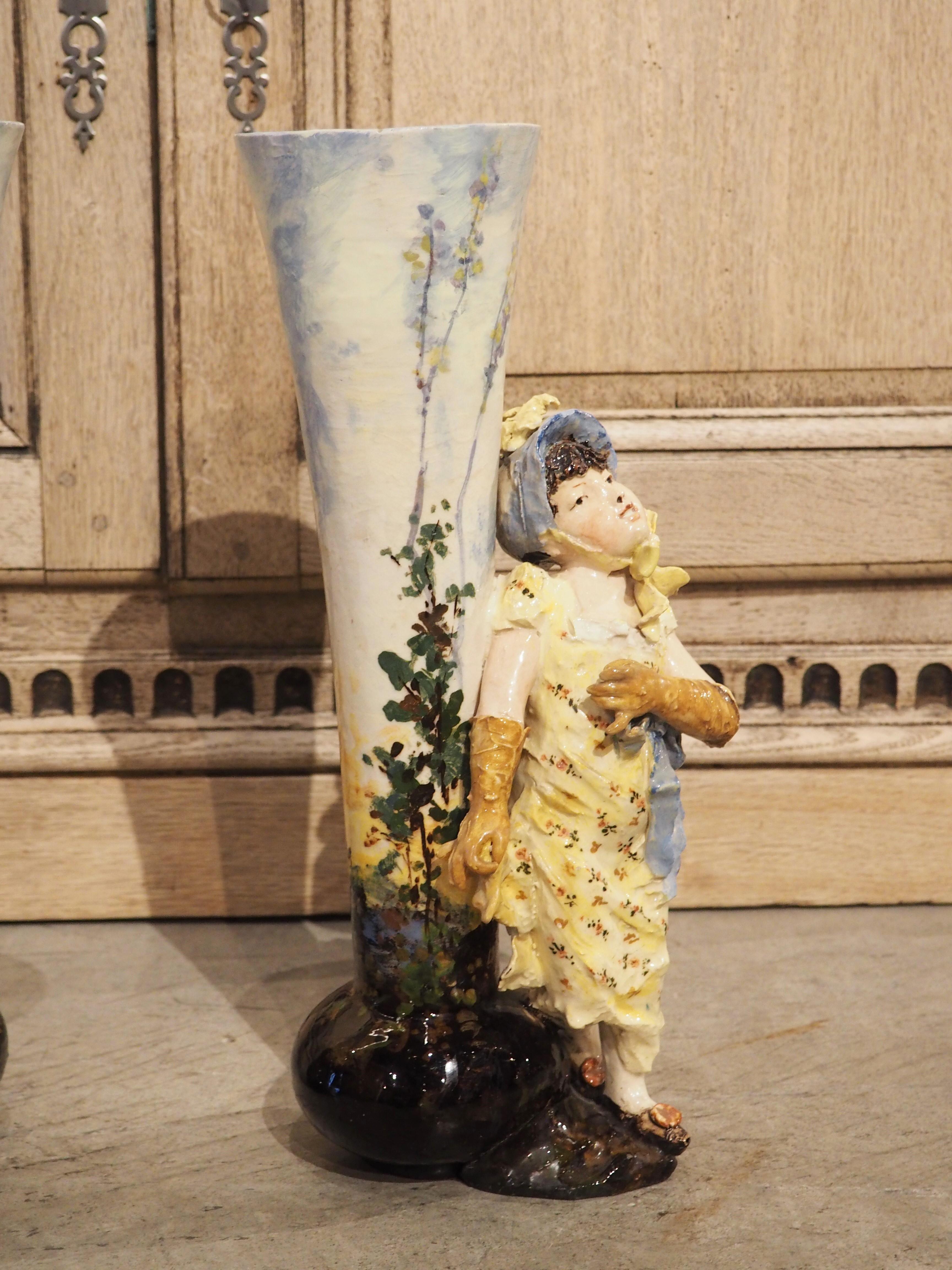 Pair of Circa 1890 Painted French Barbotine Figural Vases For Sale 5