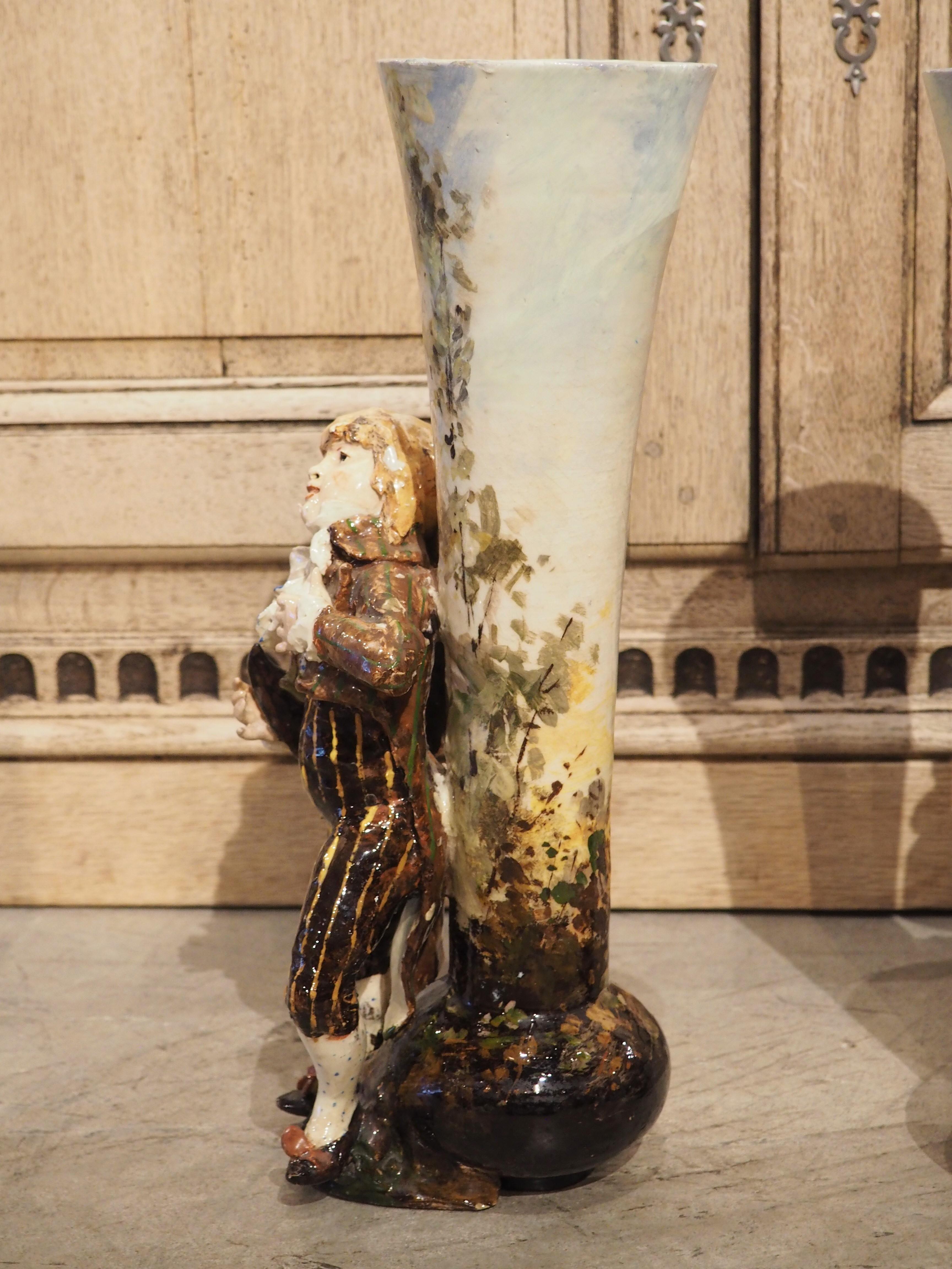 Pair of Circa 1890 Painted French Barbotine Figural Vases For Sale 6