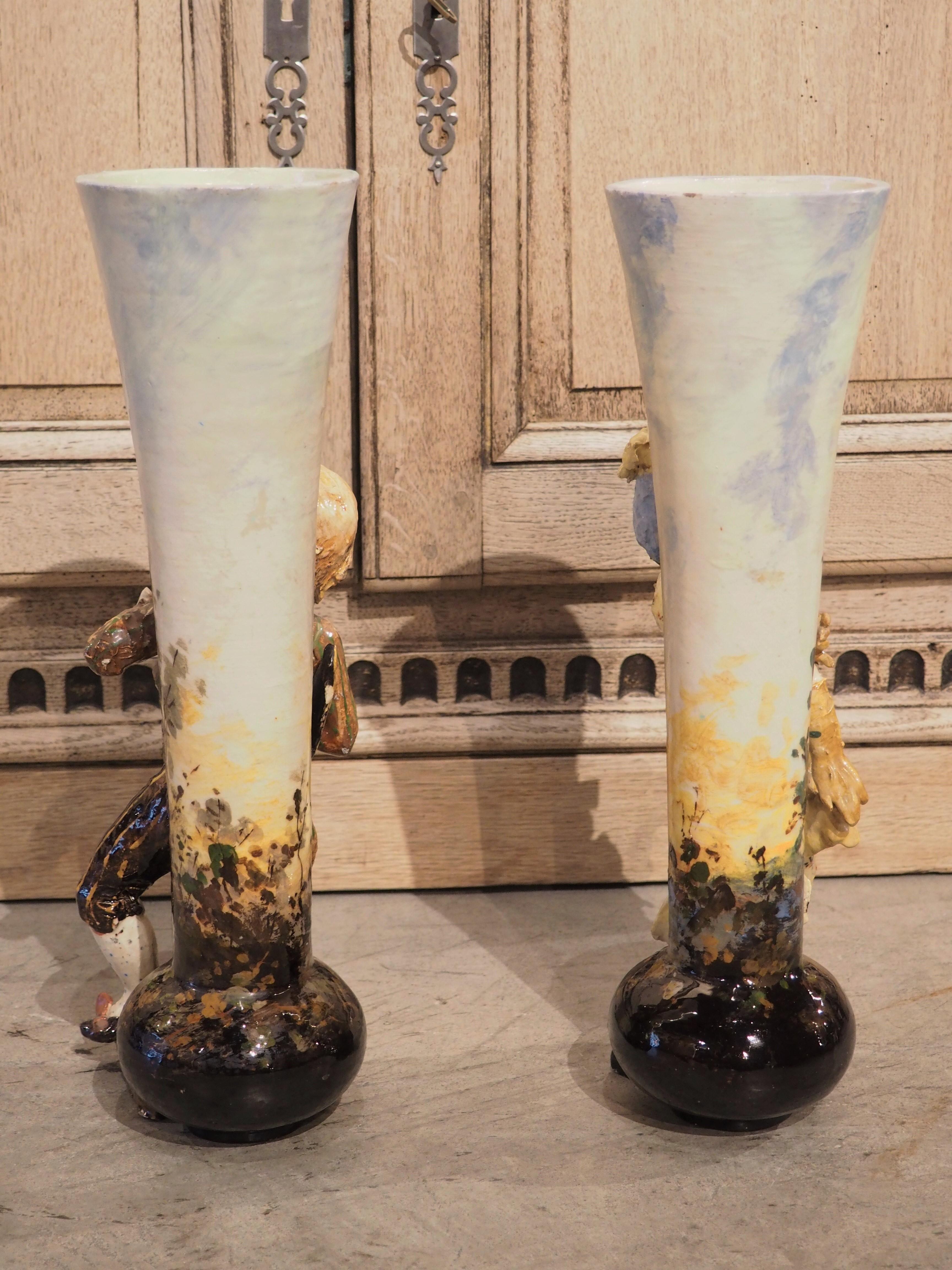 Pair of Circa 1890 Painted French Barbotine Figural Vases For Sale 8