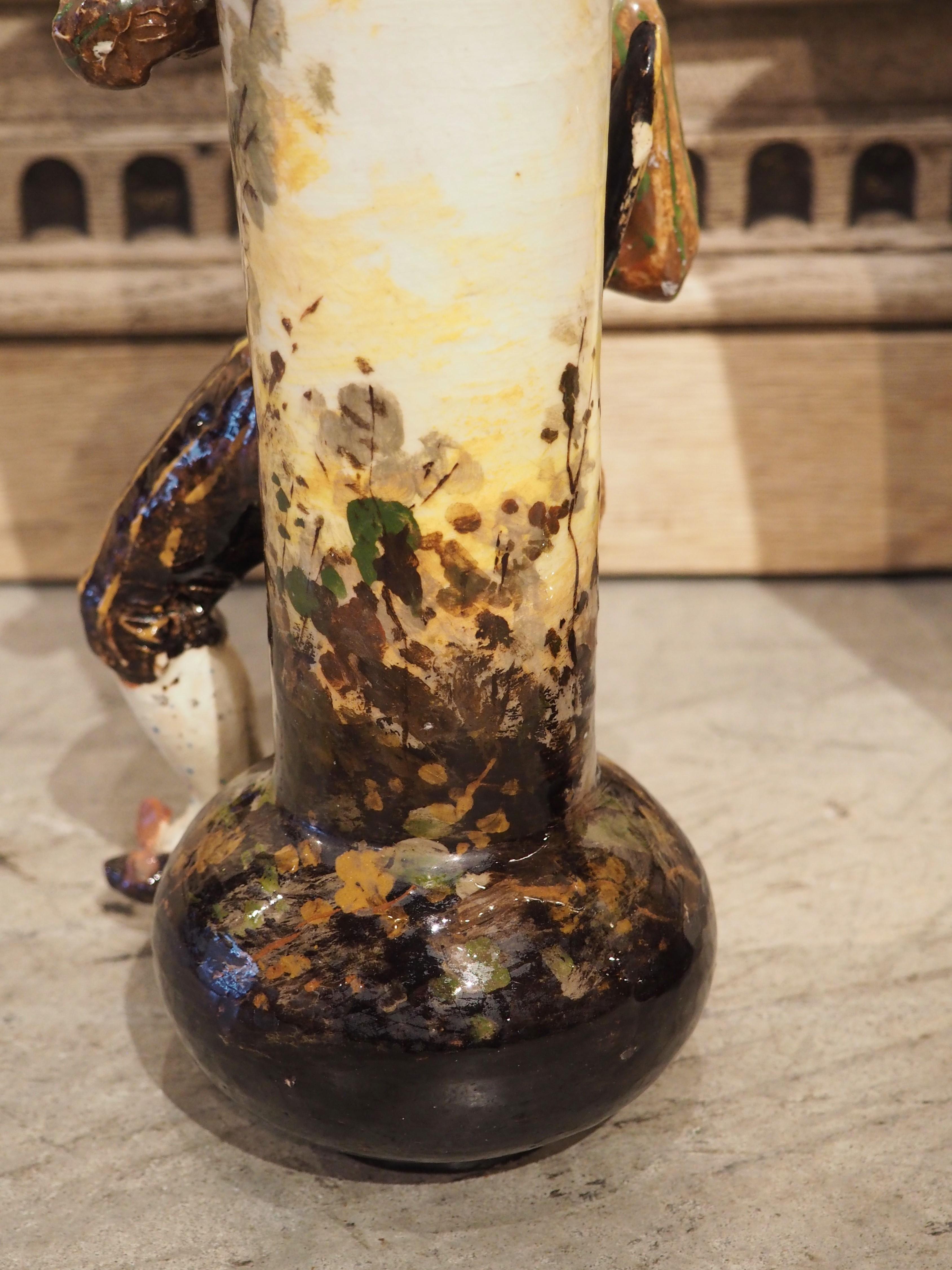 Pair of Circa 1890 Painted French Barbotine Figural Vases For Sale 9