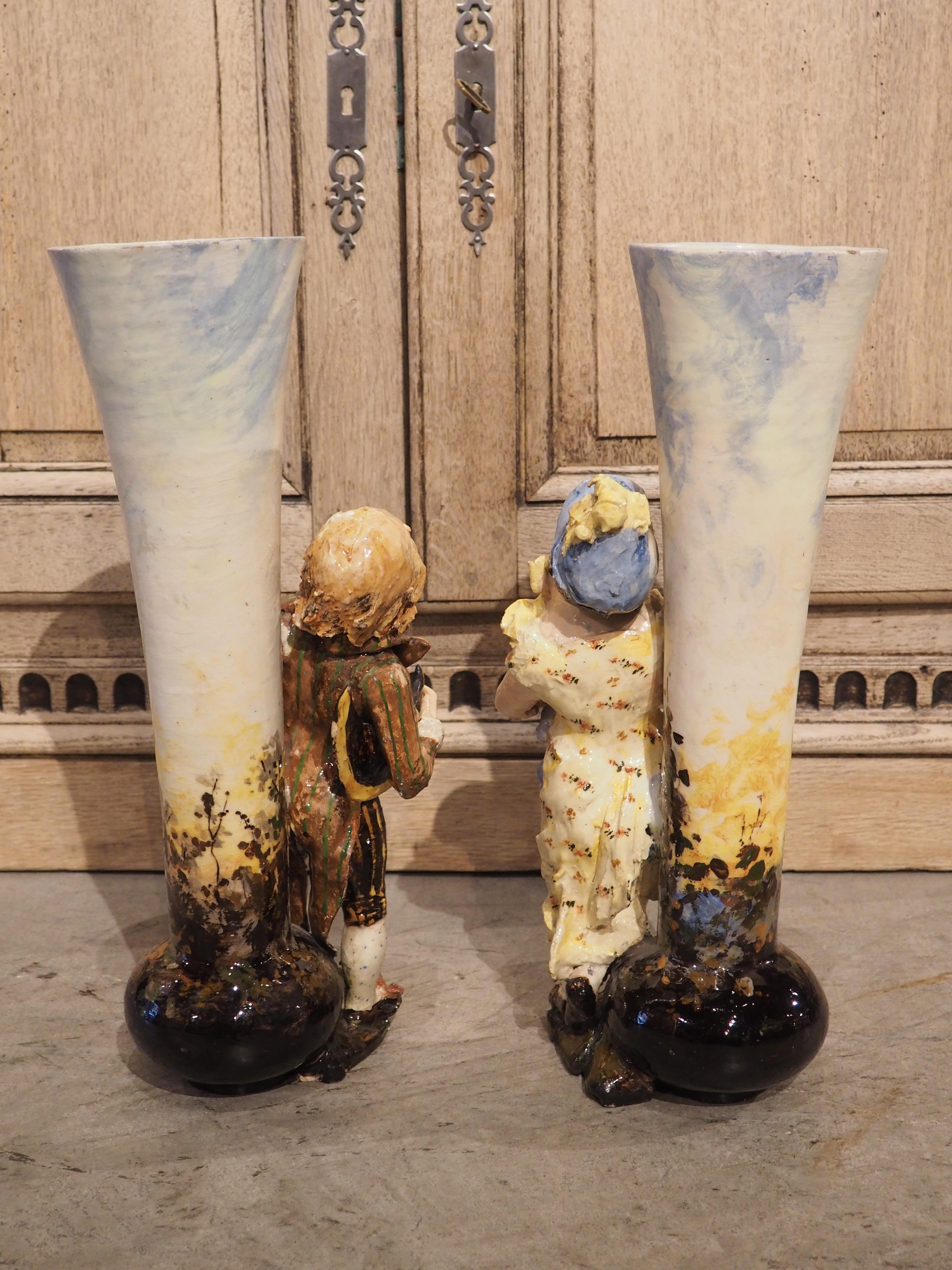 Pair of Circa 1890 Painted French Barbotine Figural Vases For Sale 11