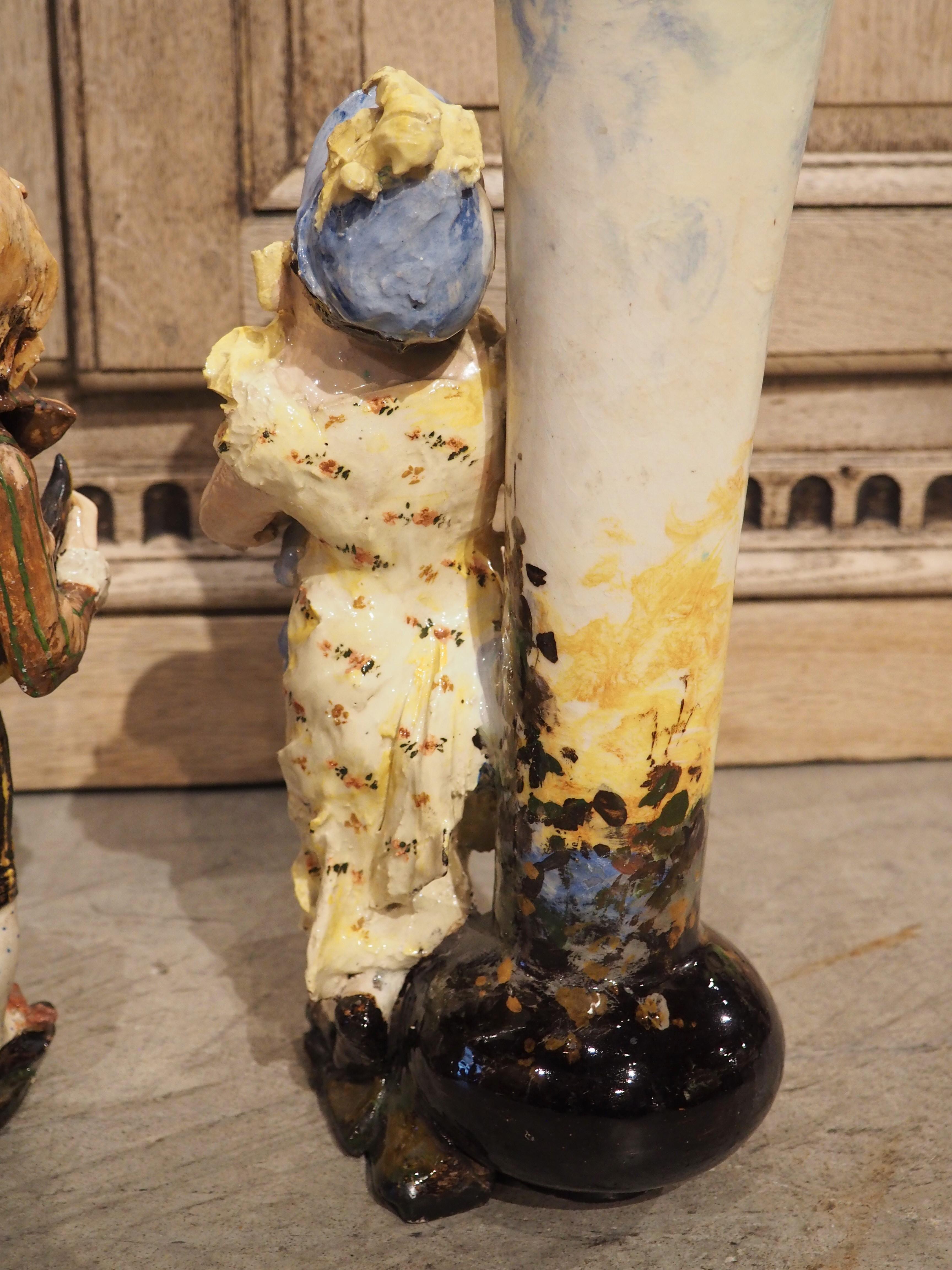 Pair of Circa 1890 Painted French Barbotine Figural Vases For Sale 13