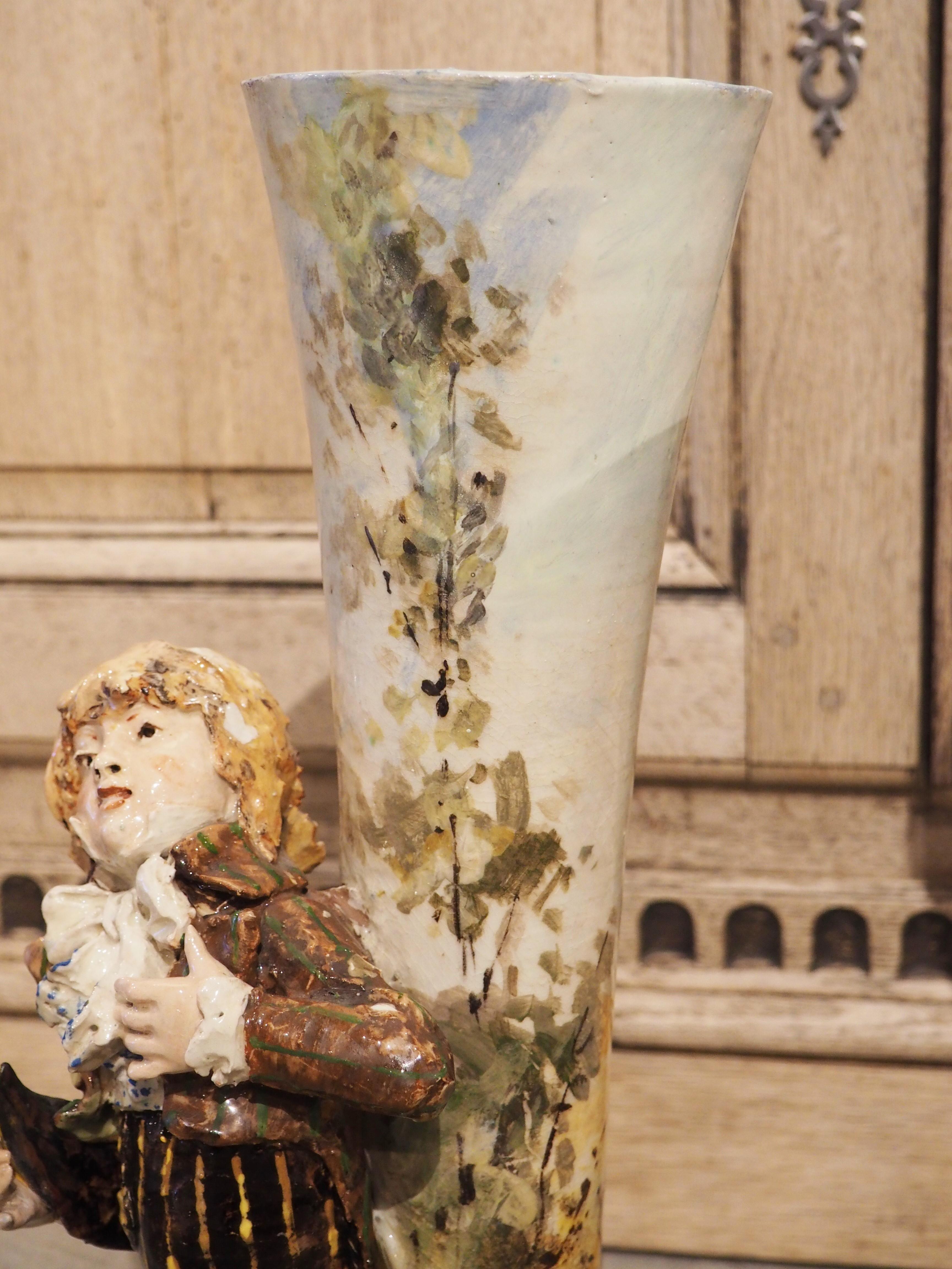 Late 19th Century Pair of Circa 1890 Painted French Barbotine Figural Vases For Sale