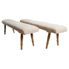 Pair of Circa 1890s English Long Benches on Splayed Beech Legs in Neutral Linen