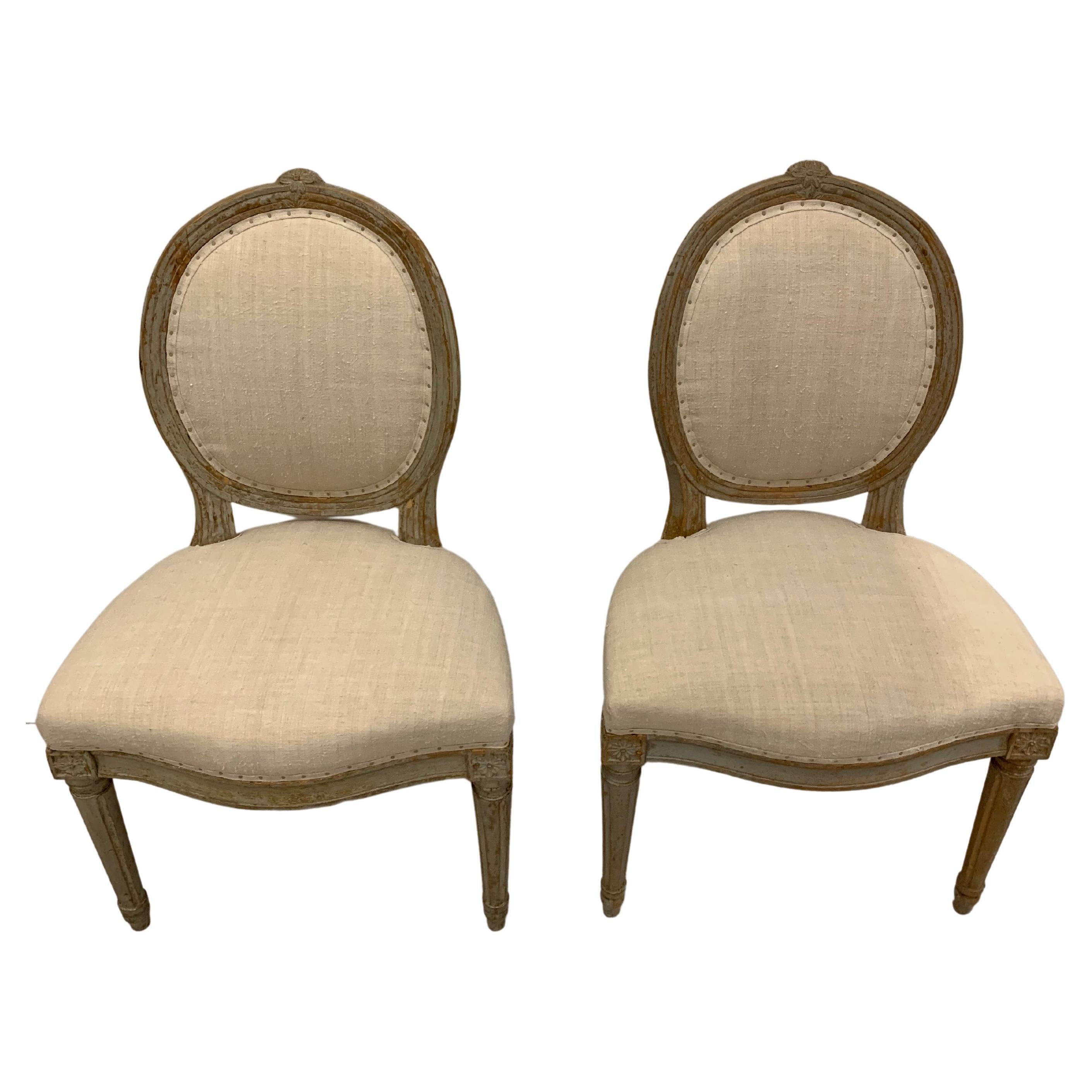 Pair of circa 18th Century Swedish Gustavian Side Chairs with Carved Flowers For Sale