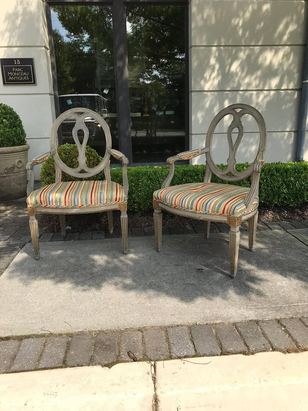 Pair of circa 1900 antique Italian armchairs, measure: seat height- 18