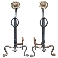 Pair of circa 1900 Brass and Wrought Iron Sunflower Andirons