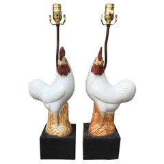 Pair of circa 1900 Chinese Porcelain Roosters as Lamps on Old Custom Bases