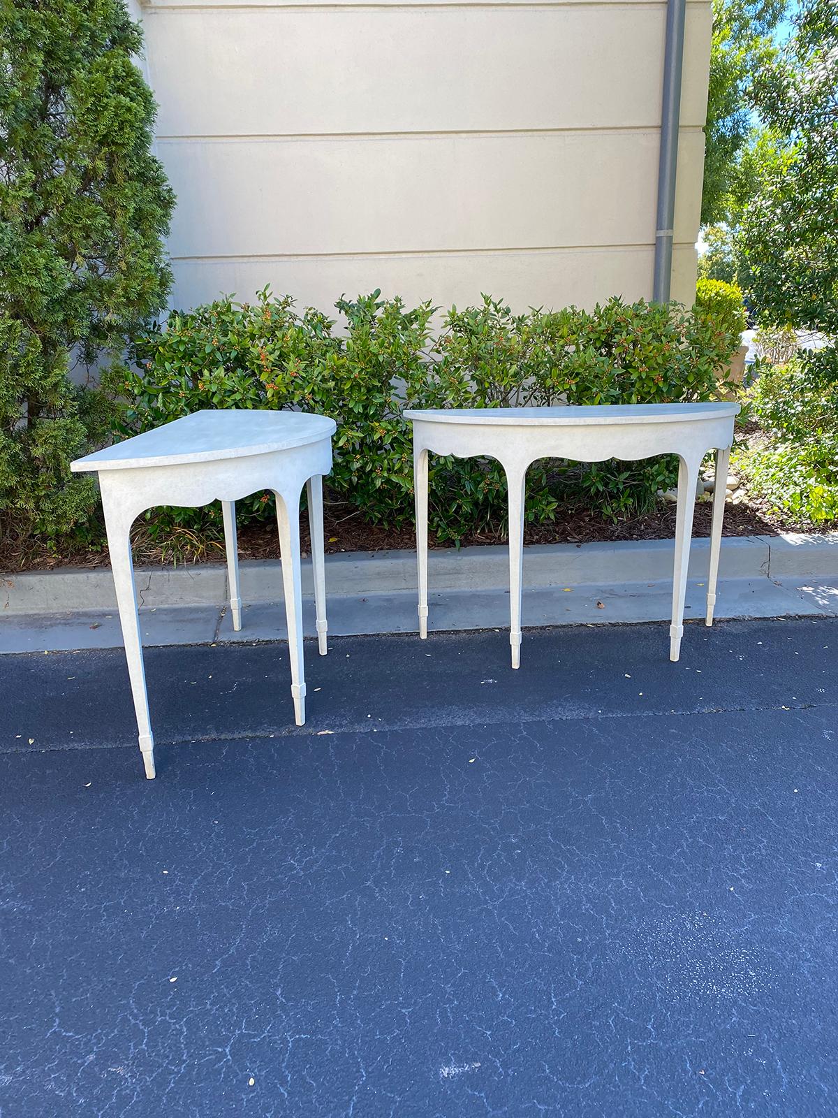 Hand-Painted Pair of circa 1900 English Georgian Style Custom Painted Demilune Console Tables