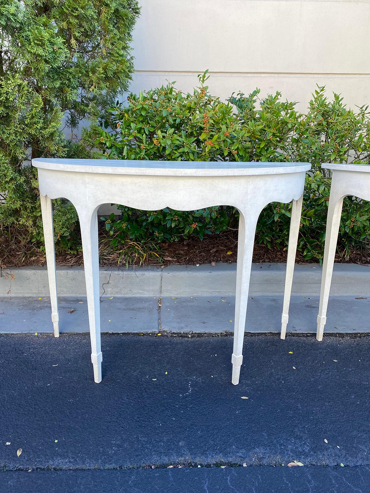 Pair of circa 1900 English Georgian Style Custom Painted Demilune Console Tables In Good Condition In Atlanta, GA