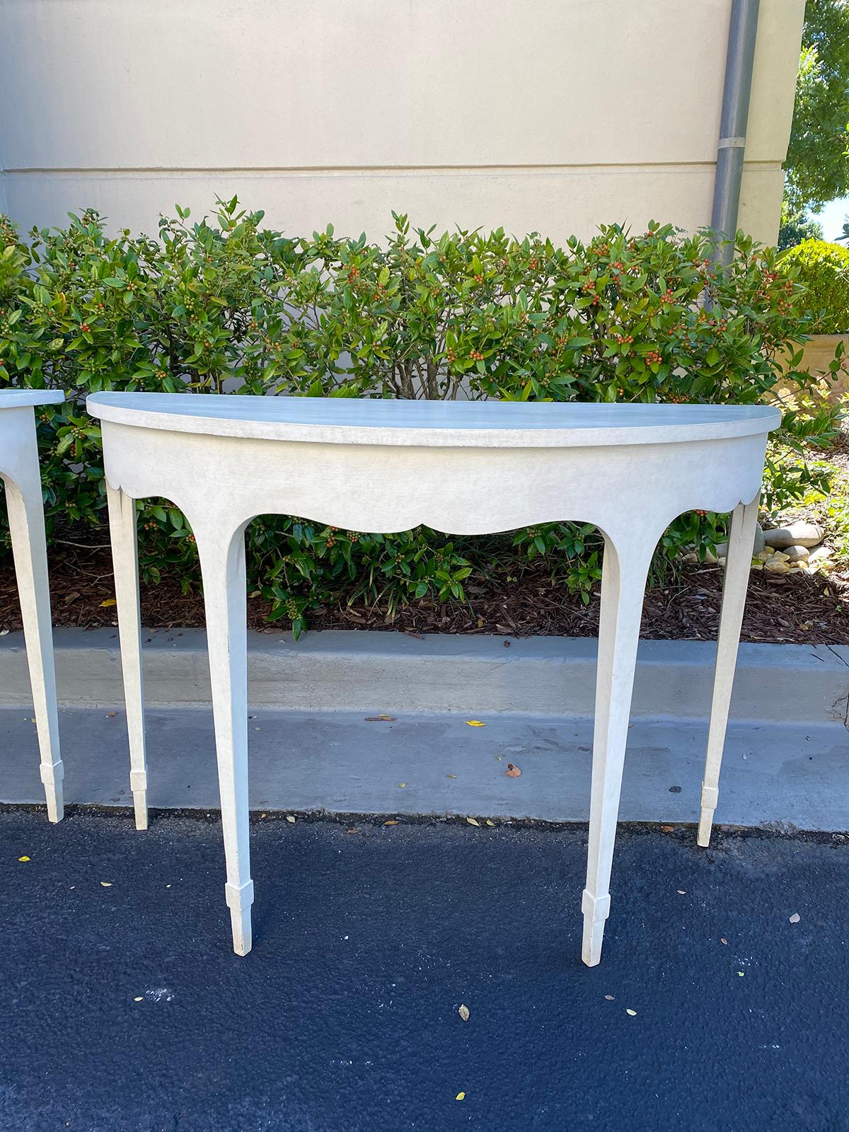 20th Century Pair of circa 1900 English Georgian Style Custom Painted Demilune Console Tables