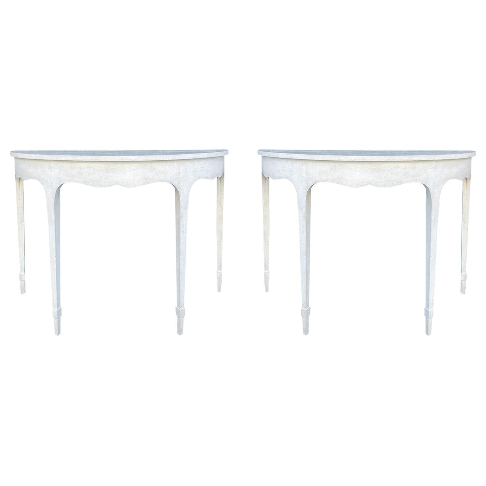 Pair of circa 1900 English Georgian Style Custom Painted Demilune Console Tables