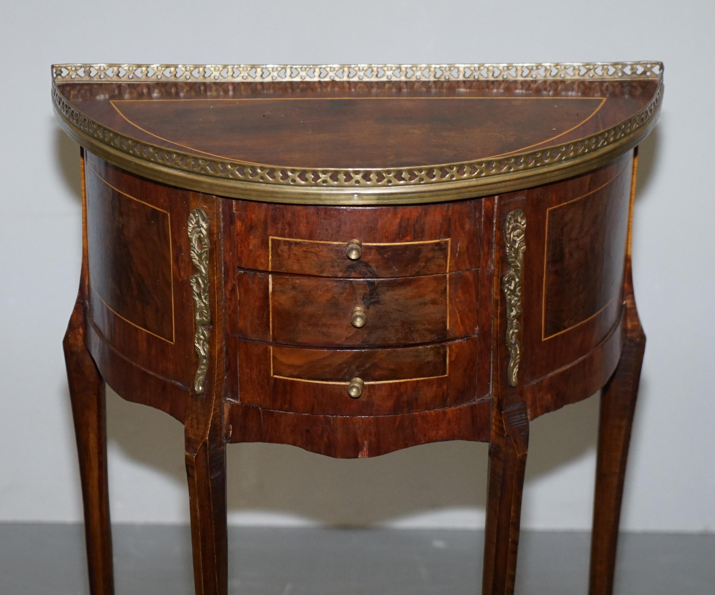Pair of circa 1900 French Burr Walnut Brass Gallery Rail Demilune Side Tables 11