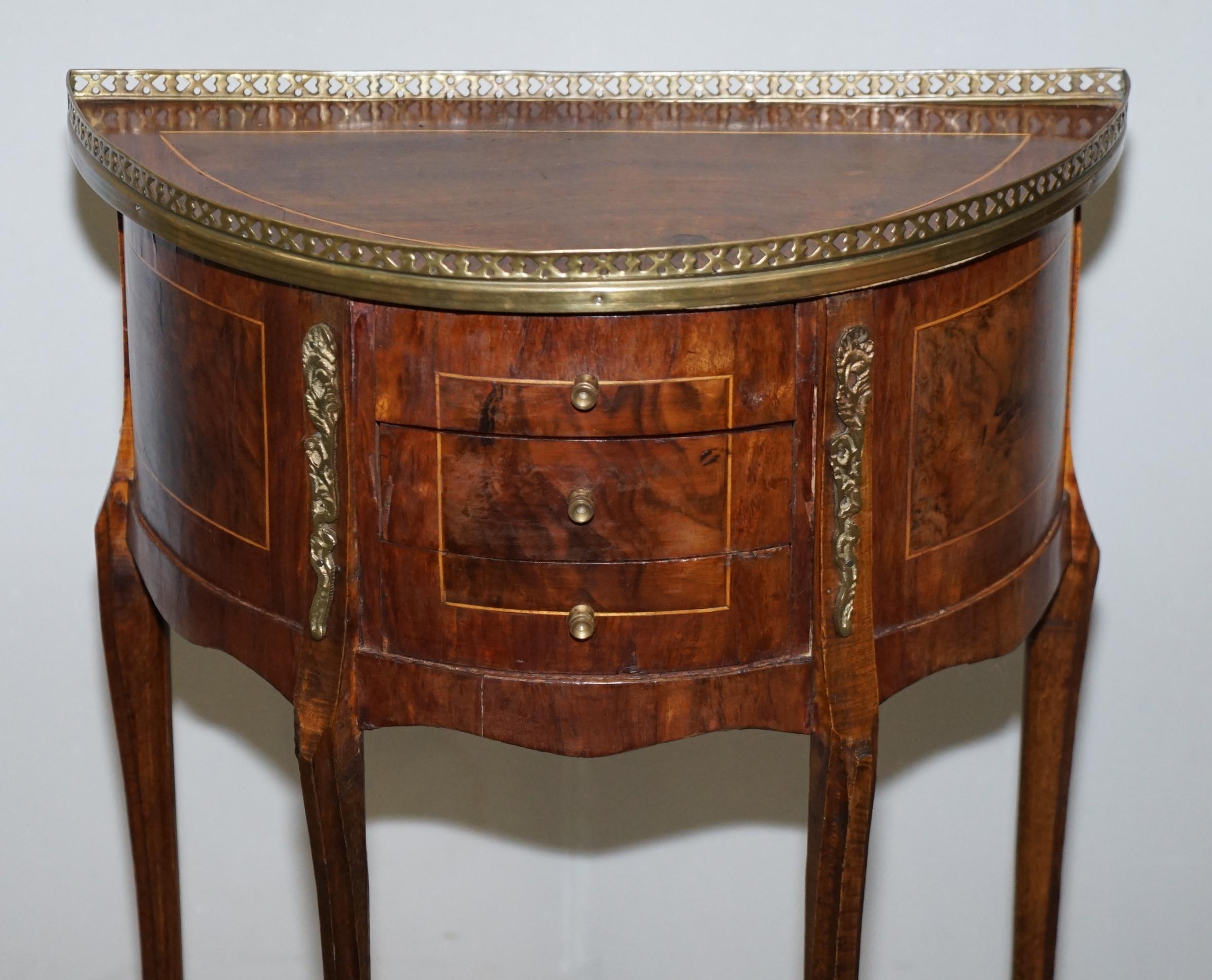 Late Victorian Pair of circa 1900 French Burr Walnut Brass Gallery Rail Demilune Side Tables