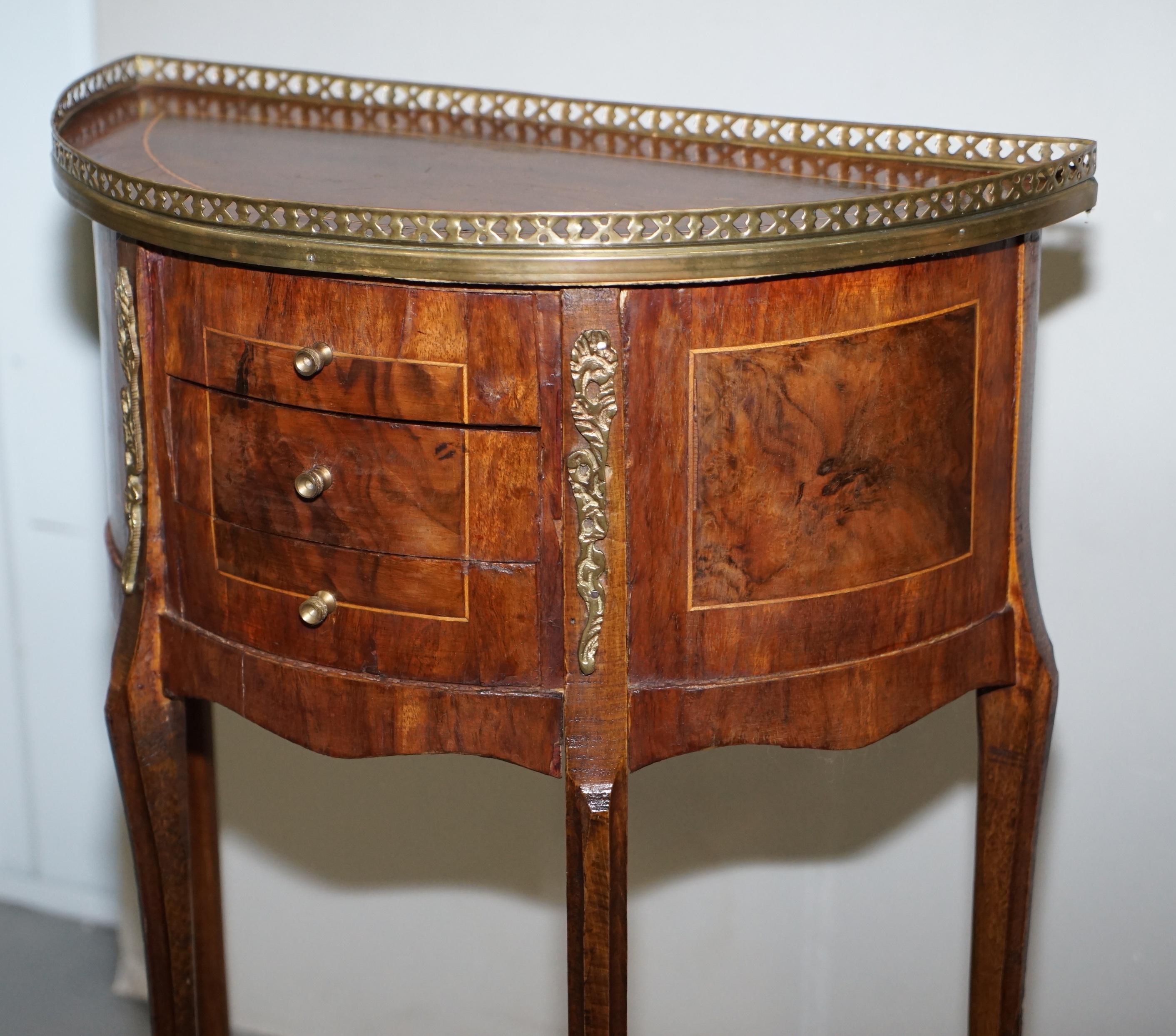 Pair of circa 1900 French Burr Walnut Brass Gallery Rail Demilune Side Tables 1