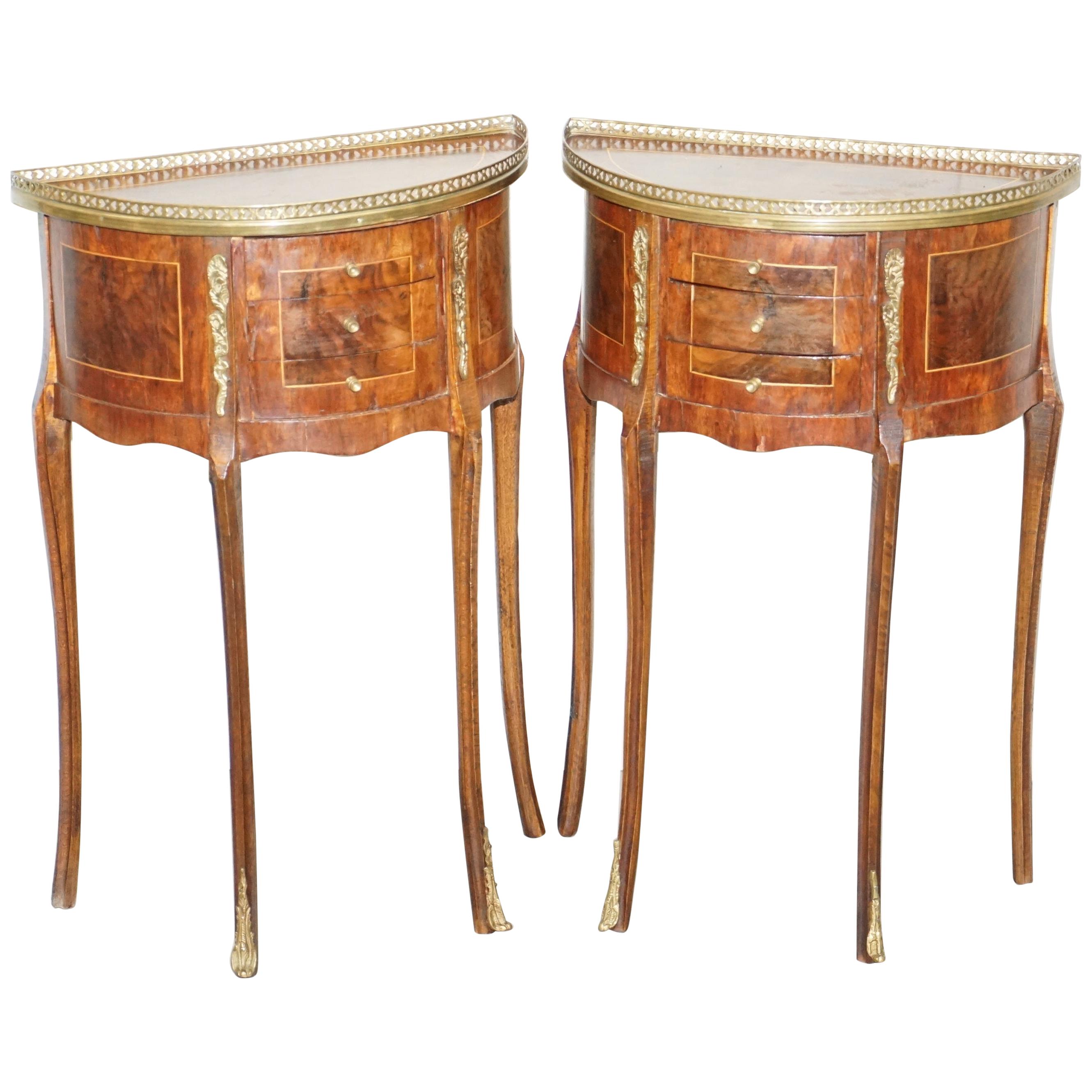 Pair of circa 1900 French Burr Walnut Brass Gallery Rail Demilune Side Tables