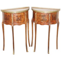 Pair of circa 1900 French Burr Walnut Brass Gallery Rail Demilune Side Tables