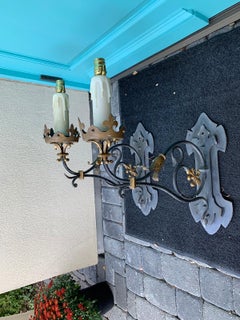 Pair of circa 1900 French Iron Sconces with Gilt Details, Large Candles