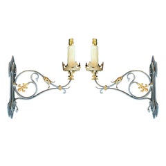 Pair of circa 1900 French Iron Sconces with Gilt Details, Large Candles