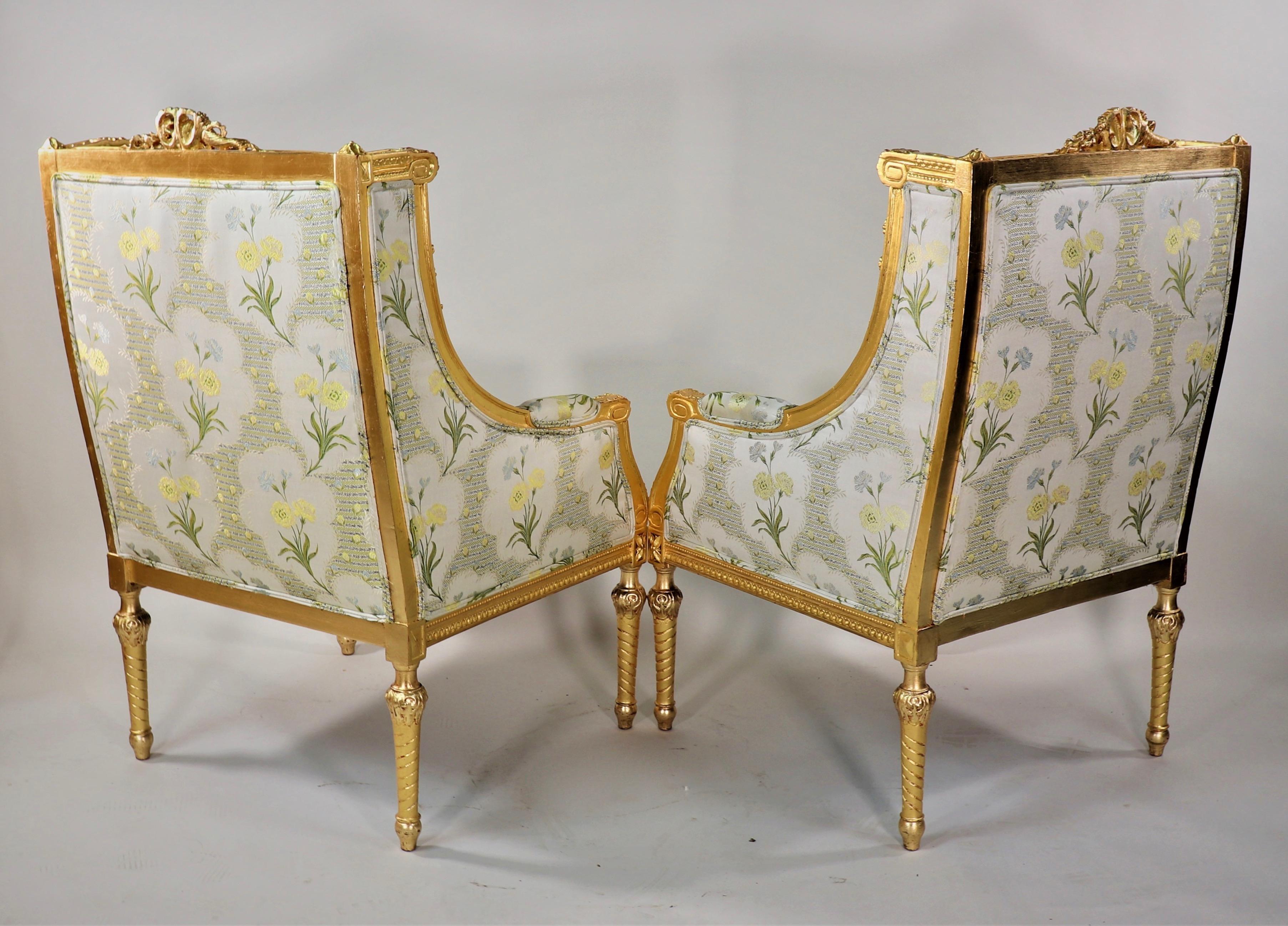 Hand-Carved Pair of Circa 1900 French Louis XVI Style Gilt Armchairs