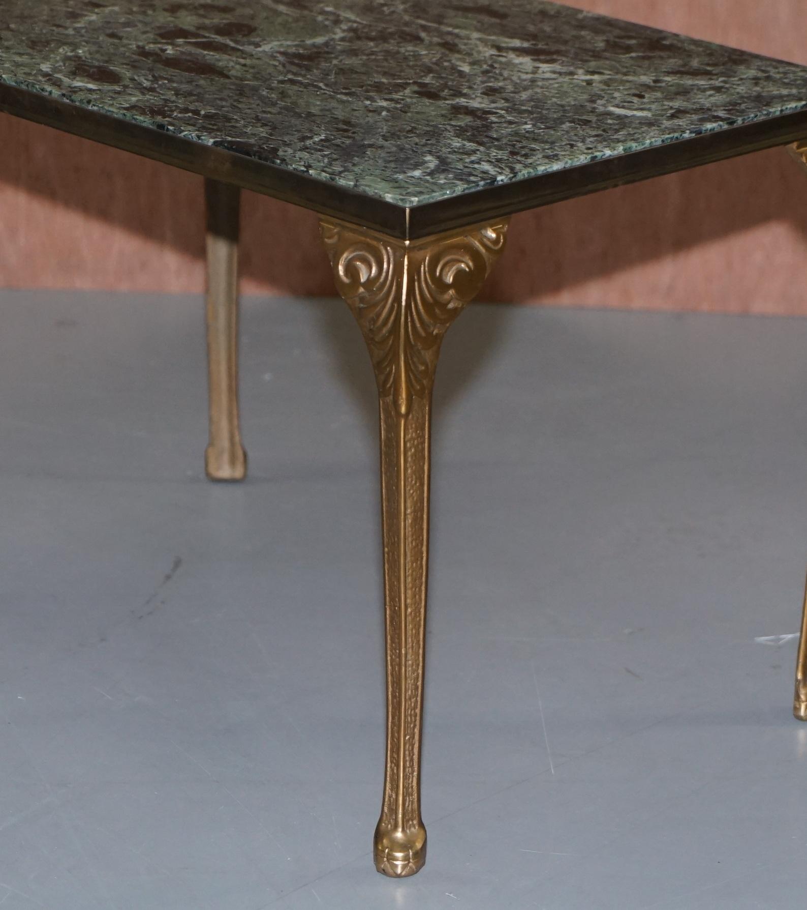 Hand-Crafted Pair of circa 1900 Green Marble Top Occasion Side Tables with Bronzed Frames For Sale