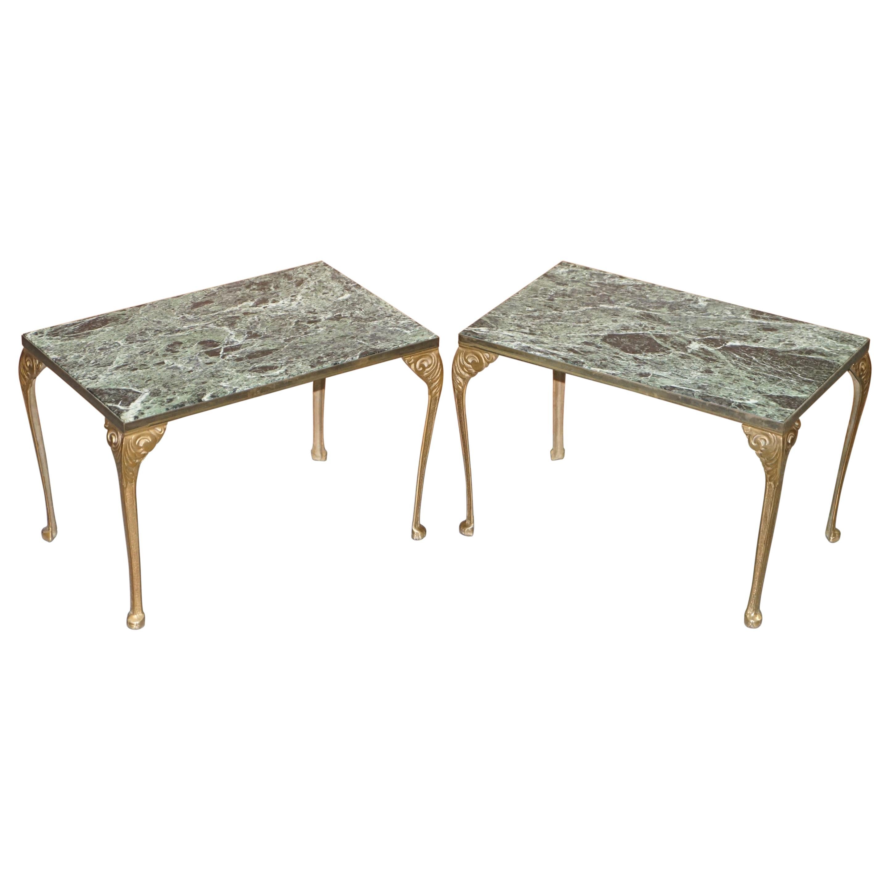 Pair of circa 1900 Green Marble Top Occasion Side Tables with Bronzed Frames For Sale
