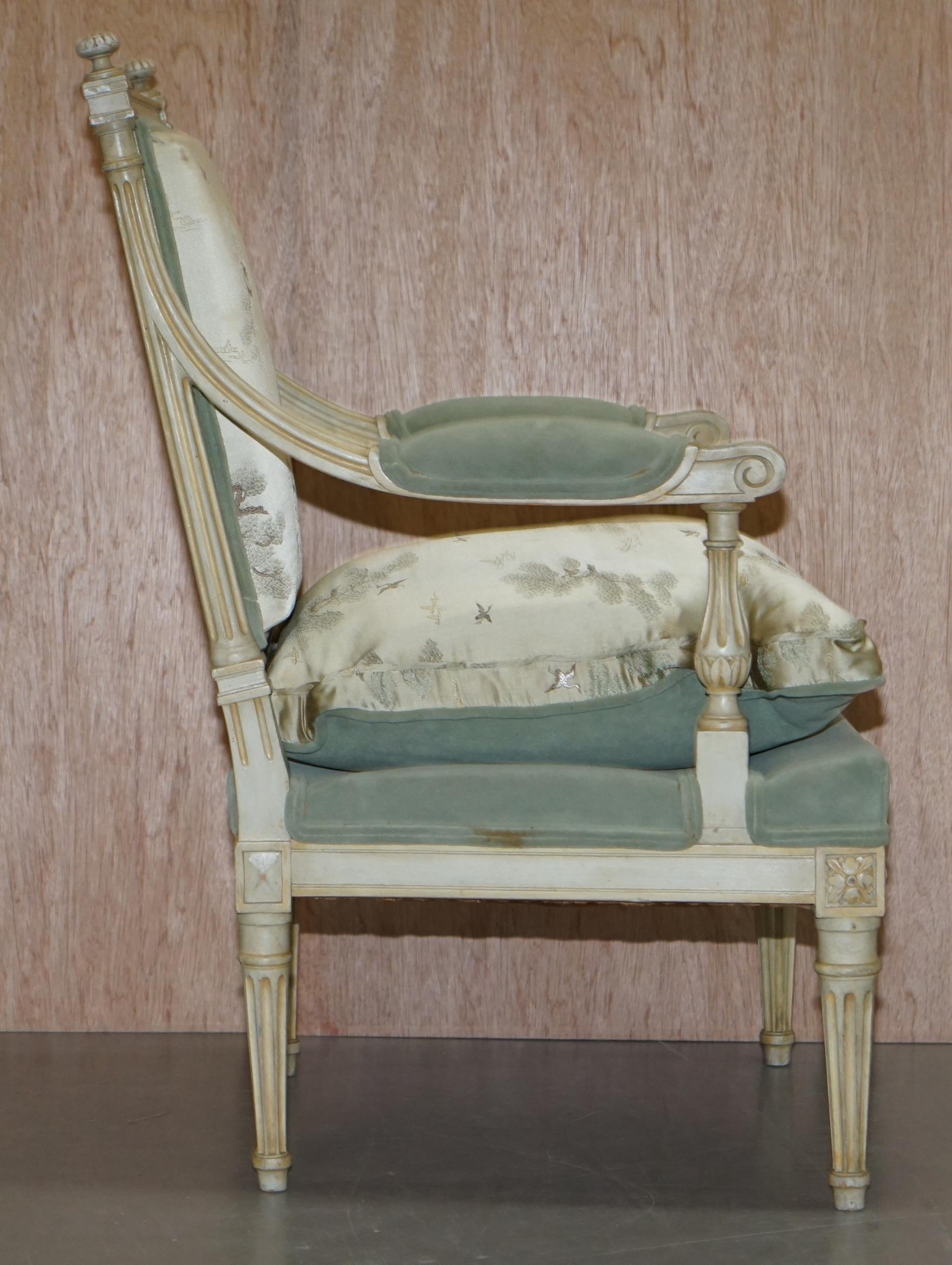 Pair of circa 1900 Hand Painted French Armchairs New Chinese Silk Upholstery 6