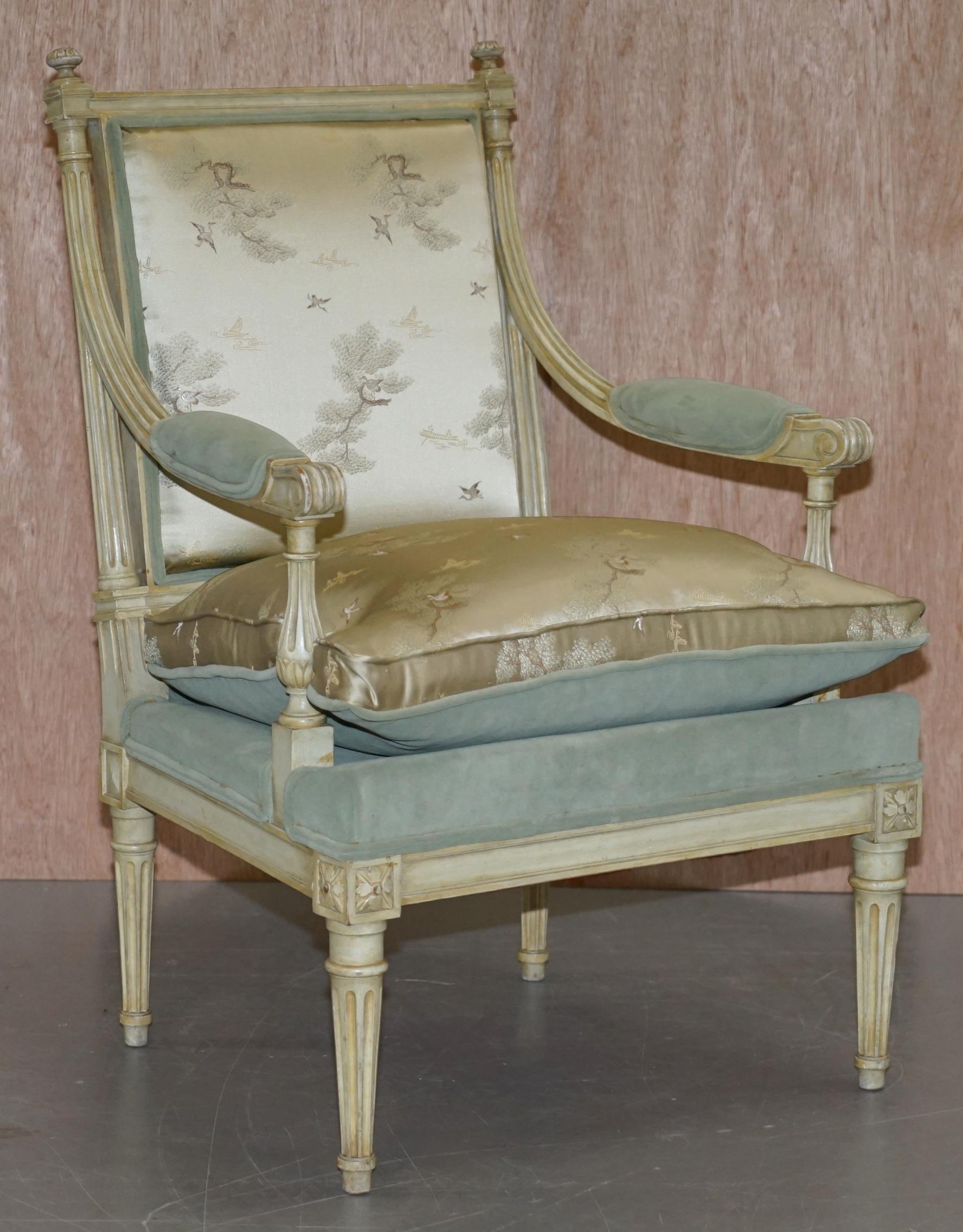 Pair of circa 1900 Hand Painted French Armchairs New Chinese Silk Upholstery 9