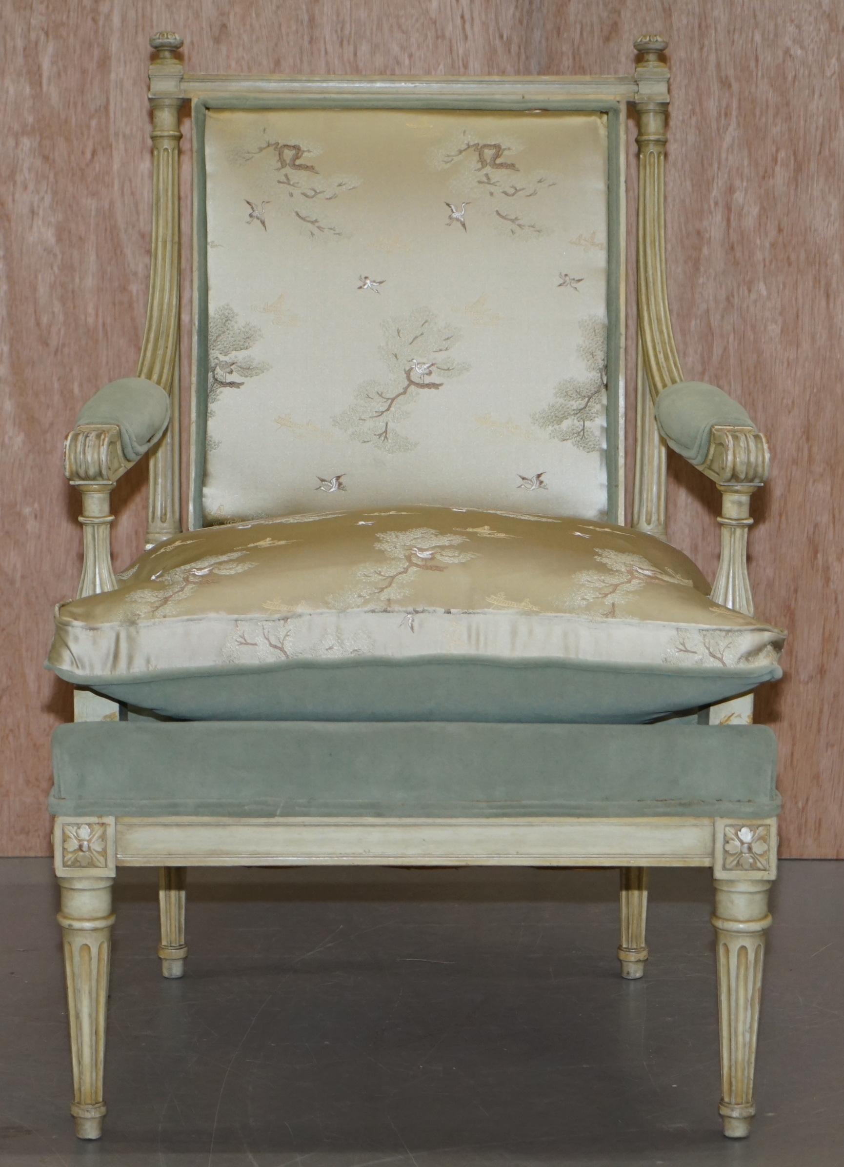 Pair of circa 1900 Hand Painted French Armchairs New Chinese Silk Upholstery 10
