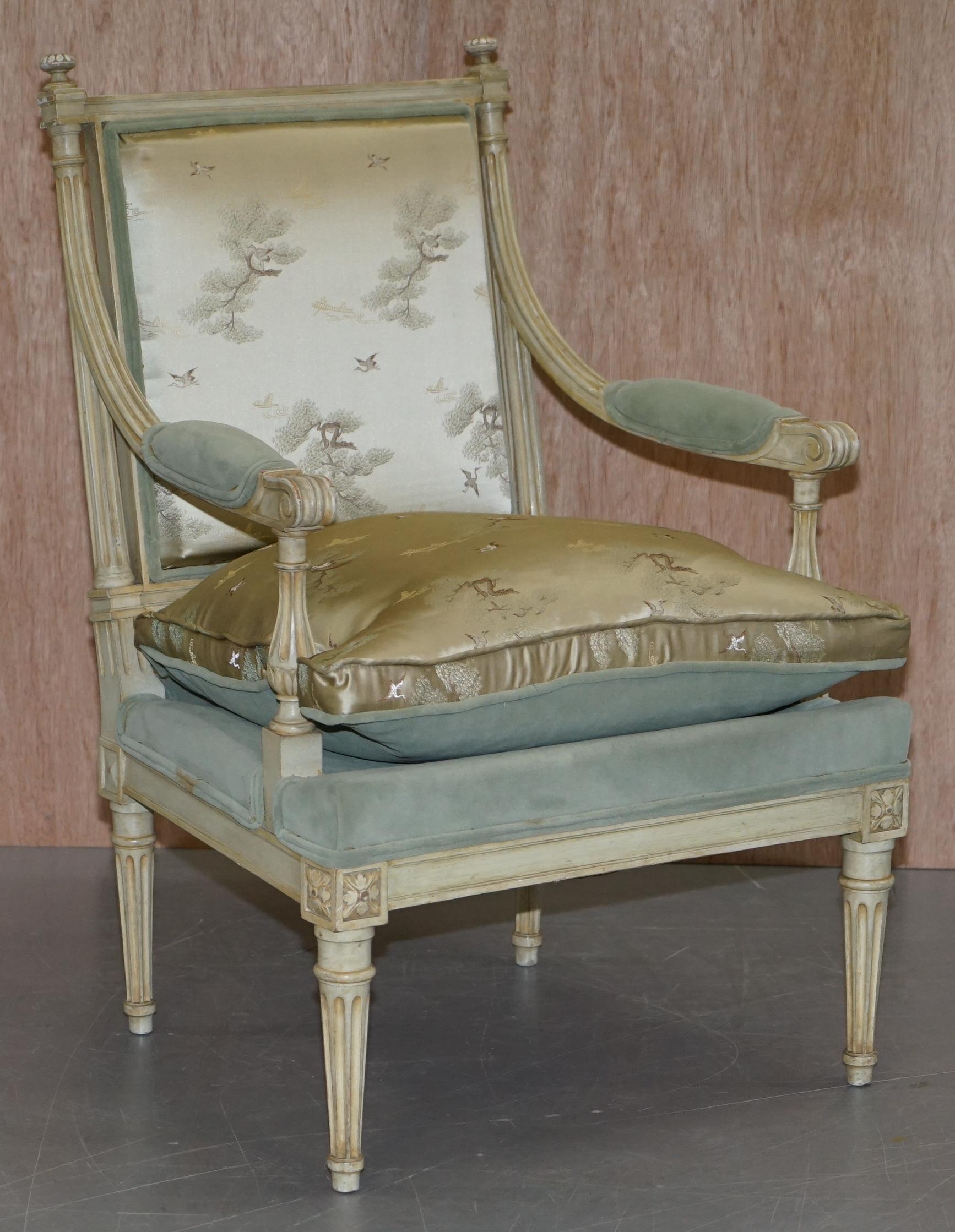 We are delighted to offer for sale this stunning pair of restored circa 1900 hand painted French armchairs with new Chinese silk upholstery

An absolutely stunning pair of inspirational chairs. The frames are original, the bases coil sprung and