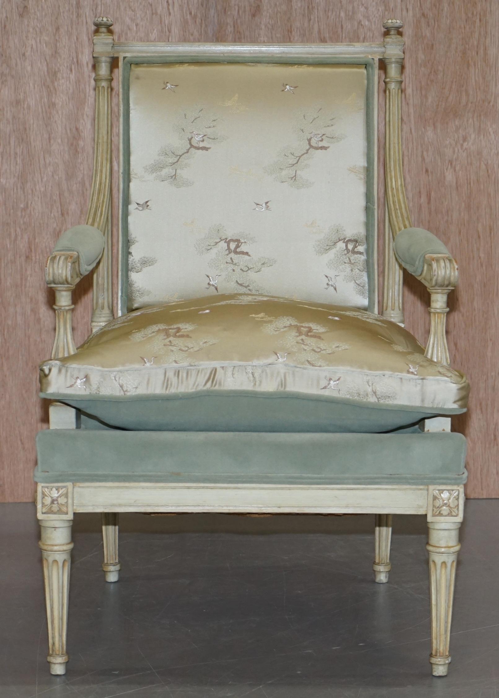 Edwardian Pair of circa 1900 Hand Painted French Armchairs New Chinese Silk Upholstery
