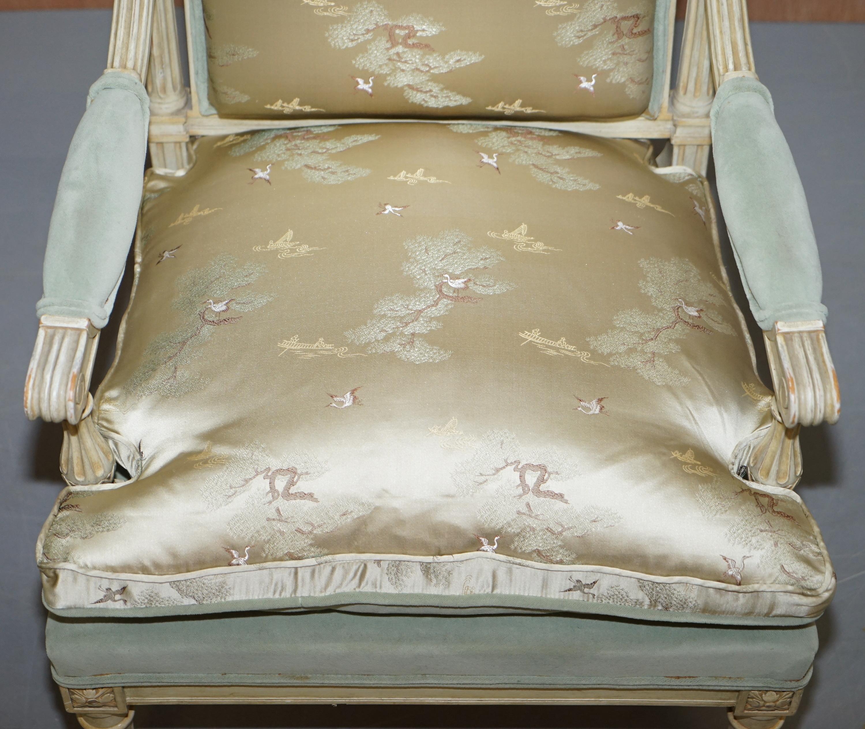 Early 20th Century Pair of circa 1900 Hand Painted French Armchairs New Chinese Silk Upholstery