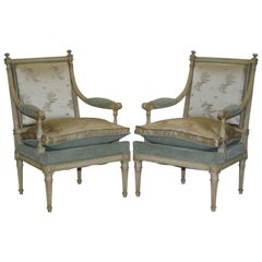 Pair of circa 1900 Hand Painted French Armchairs New Chinese Silk Upholstery