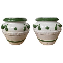 Pair of circa 1900 Italian Green and White Terracotta Cachepots with Garland